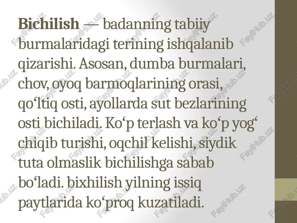 tli 4. mikrobli oddiy ekzema. kasallik to’satdan boshlanadi. dastlab teri qichishadi, qizarib, bir oz shishadi va unda tariqdek tugunchalar, poʻsti yupqa pufakchalar paydo boʻladi. bemor qashinganda pufakchalar tez yorilib, ulardan tiniq suyuqlik chiqadi. toshmalar suvlanishi natijasida yangi pufakchalar hosil boʻlaveradi keyin suvlanish kamayadi, toshmalar usti qotib, 3—5 kundan keyin tushadi. toshmalar oʻrni uzoq vaqt qipiqlanib, poʻst tashlab turadi surunkali ekzema zararlangan teri asta-sekin qalinlashib koʻkaradi, poʻst tashlaydi, qipiqlanadi. koʻpincha (o’tkir ekzemadagidan kamroq) mayda tuguncha va toshmalar ham kuzatiladi. toshma aksari yuzda, qoʻl, oyoq barmoqlarida, boʻyin va tanosil aʼzolarida uchraydi. vaqtida chora ko’rilmasa oʻtkir ekzemaga aylanishi, toshma butun tanaga tarqalishi ham mumkin kontaktli ekzema aksariyat terining turli omillarga taʼsirchanligidan kelib chikadi barmoqlar, bilak va yuz terisida uchraydi dastlab toshma toshib, teri shishadi va suvsizlanadi. mikrobli ekzema koʻproq yuzaki piodermiya ikkilamchi yalligʻlanib, ekzemaga aylanganda, oqma yara, kuygan joy va chipqon atrofida yuzaga keladi bu ekzema tizza, barmoqlar, yuz terisi va sochda kuzatiladi. …