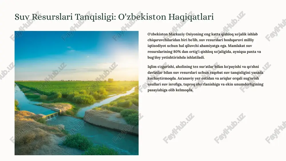 oq tuzilmasini saqlash begona o'tlarning rivojlanishini cheklash o'simlik barglari quruq qoladi, kasalliklar kamayadi turli relyefda qo'llash imkoniyati zamonaviy yomg'irlatib sug'orish tizimlari 01 nasos agregatlari va filtrlar zamonaviy nasos tizimlari suv manbalaridan kerakli bosim ostida suv ta'minlaydi. ko'p bosqichli filtratsiya tizimi suv sifatini nazorat qilib, tizimning uzoq muddatli ishlashini ta'minlaydi va nasadkalarning tiqilib qolishini oldini oladi. 02 quyosh energiyasi integratsiyasi quyosh panellari bilan jihozlangan nasoslar elektr energiyasini 60-70% gacha tejaydi. bu xususan elektr tarmoqlaridan uzoq joylashgan dalalar uchun ideal yechim bo'lib, foydalanish xarajatlarini sezilarli darajada kamaytiradi. 03 avtomatik boshqaruv tizimlari zamonaviy sensorlar va boshqaruv panellari yordamida sug'orish jarayoni to'liq avtomatlashtiriladi. tuproq namligi, ob-havo sharoitlari va o'simlik ehtiyojlari asosida intellektual qarorlar qabul qilinadi. intellektual sug'orish: sensorlar va sun'iy intellekt real vaqt monitoring zamonaviy sensorlar tuproq namligi, harorat, namlik va yomg'ir miqdorini doimiy ravishda kuzatib boradi. bu ma'lumotlar bulutli platformalarga uzatiladi va fermerlar smartfon orqali real vaqtda o'z dalalarining holatini nazorat qilishlari mumkin. …
