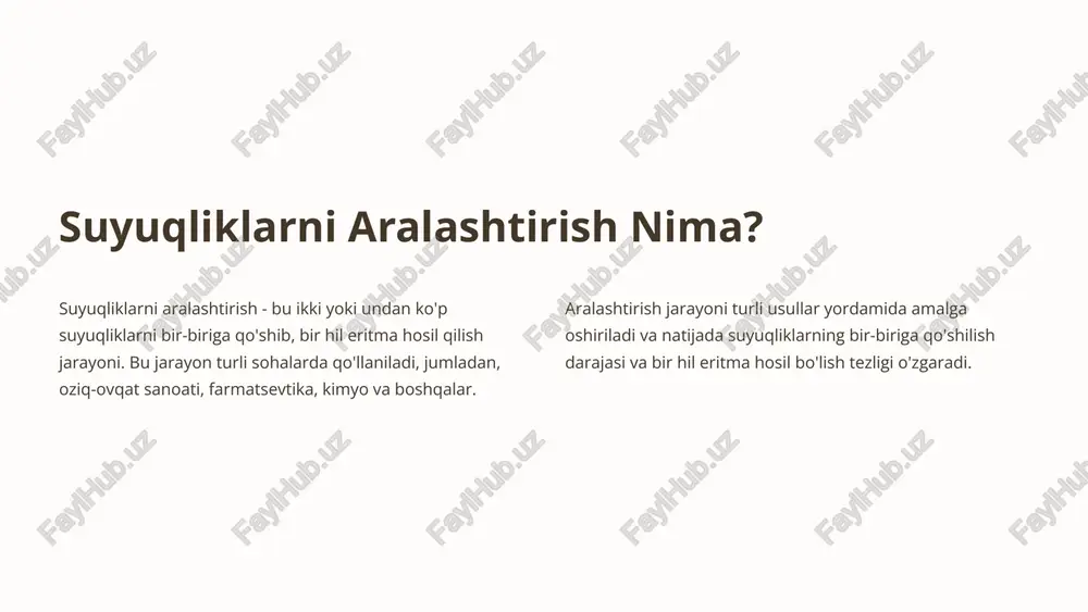 laniladi, bu esa suyuqliklarni aralashtirishga imkon beradi. 4 gravitatsion aralashtirish 1 zichlik farqi zichligi yuqori suyuqlik pastki qismga, zichligi past suyuqlik esa yuqori qismga ko'tariladi. 2 tabiiy aralashtirish suyuqliklarning zichligi farqi tufayli ular o'z-o'zidan aralashib, bir hil eritma hosil qiladi. 3 vaqt o'tishi bilan gravitatsion aralashtirish jarayoni vaqt talab qiladi, chunki suyuqliklar asta-sekin aralashib, bir hil eritma hosil qiladi. 5 diffuzion aralashtirish 1 molekulalarning harakati suyuqlik molekulalari doimiy ravishda bir-biriga aralashib, braun harakati deb ataladigan tasodifiy harakatni amalga oshiradi. 2 bir hil eritma ushbu harakat natijasida suyuqlik molekulalari bir-biriga teng ravishda tarqalib, bir hil eritma hosil qiladi. 3 samaradorlik diffuzion aralashtirish jarayoni gravitatsion aralashtirishga qaraganda ko'proq vaqt talab qiladi, lekin natijada bir hil eritma hosil bo'ladi. 6 aralashtirish samaradorligini oshirish aralashtirish vaqti aralashtirish vaqti qancha uzoq bo'lsa, suyuqliklar shunchalik yaxshi aralashadi. aralashtirish tezligi yuqori aralashtirish tezligi suyuqliklarning tez va samarali aralashishiga imkon beradi. harorat yuqori haroratda suyuqliklarning viskozitesi pasayadi, bu …