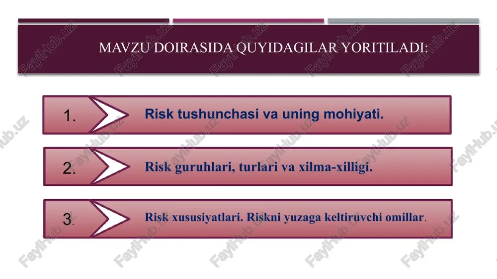 tilishi va shu bilan birga ortib ketishi ehtimolliklari bo‘lib, u qandaydir holatlar, omillar ta'sirida kutiladigan foydaning pasayishi, ortishi yoki yo‘qotilish ehtimolida namoyon bo‘ladi. risk funksiyalari himoyalovchi kerak bo‘lmagan oqibat va yo‘qotishlarni oldini olish maqsadida risk bo‘yicha izlanishlar jarayonida, navator bo‘lish imkoni orqali vujudga keladi. konstruktiv regulyativ funksiya risk iqtisodiy rivojlanishni kuchaytiruvchi vaqo‘zg‘atuvchi omil destruktiv regulyativ funksiya ko‘pincha korxonalarni o‘z mablag‘laridan mahrum etib,ularning sonini kamayishiga olib keladi. regulyativ himoyalovchi risk turlari va tasnifi. operatsion tadbirkorlik riski moliyaviy risk tashqi muhit bilan bog’liq risklar reputatsion risk risk turlari -strategiya risk -ishlab chiqarish risk -tijorat riski; operatsional risk:biznesning davomiyligi; ta’minot; sogliqni saqlash ijtimoiy muhofaza -siyosiy risk; -iqtisodiy risk; -ijtimoiy risk; -texnologik risk. -pul oqimlari riski; -kredit riski; -likvidlik riski; -foiz riski; -valuta riski risk darajalari medium high low low medium high likelihood intensive management requires monitoring and management close monitoring required management required management recommended risk may be accepted, but requires monitoring managed …