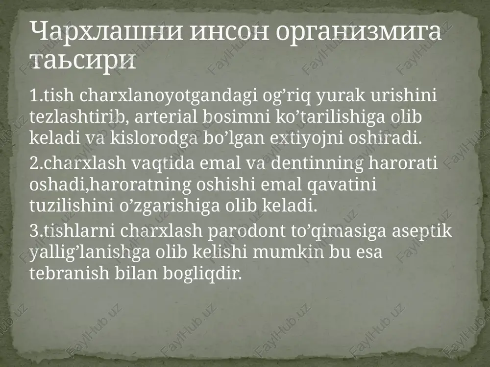 3 mm qoplama qalinligida sayqallanadi. bu klinik 8-10 qavat nusxa ko'chiruvchi qog'ozga to'g'ri keladi. fissur-bo'rtiqli relefni saqlab qolish uchun fissurdan bo'rtiqqacha charxlanadi. keyin separatsiya - tishdar orasidagi kontaktlarni sayqallash o'tkazi-ladi. devorlar parallel bo'lishi lozim. so'ng metall qalinligida vesti-bulyar va oral yuza sayqallanadi orasidagi kontakt vayonoq yuzasi orasidagi burchaklar yumaloqlanadi va notekisliklar bartaraf qilinadi. charxlash natijasida tish tsilindr o'zaklini oladi, qoplama diametri esa tish bo'yni diametriga tenglashadi. zinapoyali charxlash quyidagi holatlarida amalga oshiriladi: 1. pulpasi saqlangan tishlar ularda ekvator yorqin ifodalangan va qoplama etarlicha o'lchamga ega. 2. qoplama qismi yaxshi saqlangan depulpirlangan tishlar. o'yiq kontakt va vestibulyar yuzada amalga oshiriladi. egovlash texnikasi, qoliplangan metall qoplama uchun qanday bo'lsa shunday, biroq qattiq to'qimalar ko'proq olinadi: chaynov yuzasidan 1,5-2 mm oral va vestibulyar yuzasidan 0,5-1 mm egovlash natijasida tish kesik konus shaklini oladi qattiq to'qimalarning o'tkir operatsion jaroxatga javoban pulpada bir soatdan keyin tomirlarning kengayishi ko'rinishida o'tkir qon-tomir buzilishlari, giperemiya va qon quyilishi …