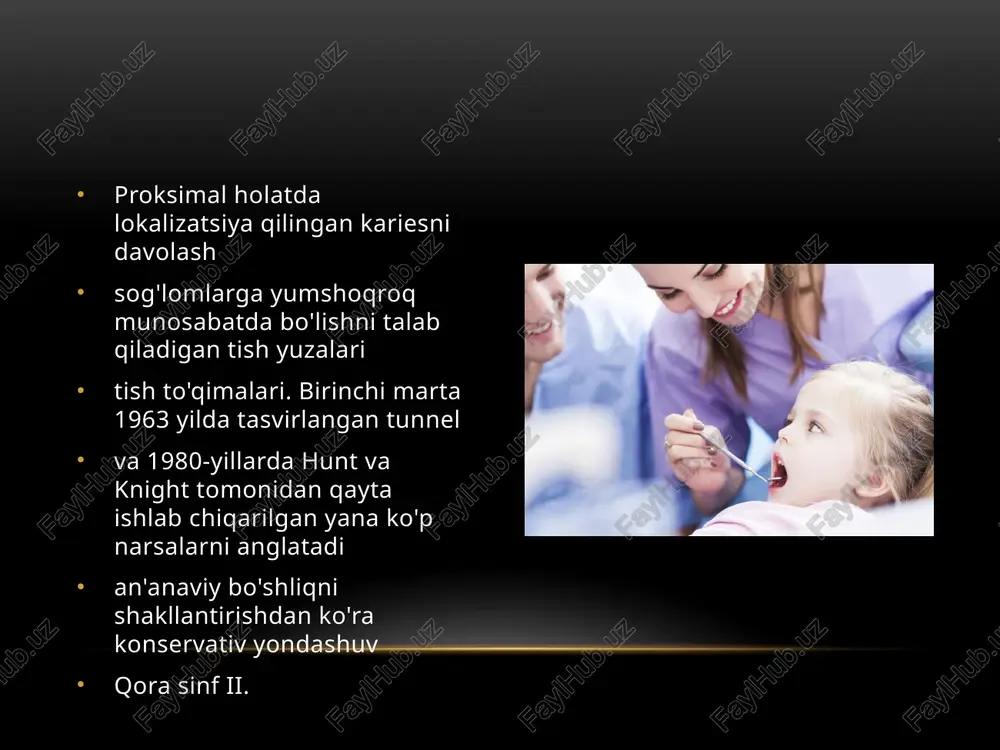 q materiallardan foydalanish va tish to'qimalariga uzoq muddatli yopishish. ushbu materiallar quyidagilarni o'z ichiga oladi gibrid sic va yopishtiruvchi tizimlar, ular mastiklar, oqadigan kompozit materiallar bilan birlashtirilgan yuqori molarda dastlabki karieslarning invaziv muhrlanishi: a - dastlabki klinik holat; b - keyin bo'shliqlarning paydo bo'lishi tayyorgarlik; in - to'ldirgandan keyin tishlarning paydo bo' to'ldirish uchun maxsus vositalardan foydalanish mini bo'shliqlar: tor va ingichka mixlar, dazmollar, ish uchun zondlar qiyin joylarda. invaziv germinitizatsiya ushbu usulda dentin chaynamaydigan joylarda kam ishtirok etgan holda, i sinfdagi kariessiz karieslarni yoki kichik kovak bo'shliqlarni davolash ko'zda tutilgan. yuk, ya'ni yoriqlar va kovaklar. ushbu turdagi klinik tashxisiy shikoyatlar odatda shikoyatlar yo'qligi, demineralizatsiya belgilari bilan pigmentli yoriqlar mavjudligi bilan tavsiflanadi. odatda invaziv muhrlanish uchun narsalar mesial, distal yoriqlar va okluzal yuzalardagi yoriqlar meshlar va premolar, vestibulyar bo'shliqlar va yoriqlar pastki molar yuzasi va yuqori molarning shilimshiq yuzalari, shuningdek yuqori kesma va kaninlarning palatin yuzalarida ko'r-ko'rona yoriqlar. aralashuv boshlanishidan …