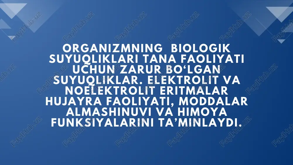 elektrolit eritmalar suvda eriydi, lekin ion hosil qilmaydi misollar: shakar (glukoz), urea, glikogen energiya manbai va metabolizmda qatnashadi elektrolit vs noelektrolit turi ta’rif vazifa elektrolit ion hosil qiladi, elektr tokini o‘tkazadi nerv impulslari, mushak qisqarishi noelektrolit ion hosil qilmaydi energiya manbai, moddalar transporti xojiakbarova mubinaxon dav-lu- 25-1 guruh talabasi thank you