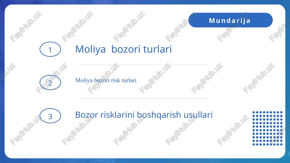 disalar yoki tanazzullarning o'zgarishi tufayli yuzaga kelishi mumkin.​ agar siz investitsiya qilsangiz, bozor xavfidan butunlay qochishning yagona yo'li yo'q. ammo siz o'zgaruvchanlikdan himoya qilish va bozor xavfi investitsiyalaringiz va umumiy moliyaviy sog'lig'ingizga ta'sirini kamaytirish uchun xedjlash strategiyalaridan foydalanishingiz mumkin. misol uchun, ma'lum bir qimmatli qog'ozlarni maqsad qilib qo'yganingizda pastga tushishdan himoya qilish uchun put opsionlarini sotib olishingiz mumkin. tizimli risk – moliya bozorining qandaydir segmentidagi inqirozli holat bilan bog‘liq risk bo‘lib, unga inflyasion risk, qonunchilik hujjatlarini o‘zgarishi riski, foiz stavkasi riski, “buqalar” va “ayiqlar” bozoridagi risk, harbiy konfliktlar riski kiradi. tizimsiz risk – agregirlashgan tushuncha bo‘lib, o‘zida moliya bozori risklarining barcha turlarini mujassamlashtiradi. bu risk moliya instrumentlarining u yoki bu turini konkret shar-sharoitlardan kelib chiqib tanlash asosida diversifikasiyalanishi, pasaytirilishi mumkin. bunday riska quyidagilar kiradi: mamlakatdagi risk, tarmoqdagi risk, regiondagi risk, investisiyalash ob'ektlari risklari (vaqt riski, portfel riski, to‘lov va kliring riski, operasion risk, yetkazib berish riski, pul ko‘chirish riski, biznes-risk, …