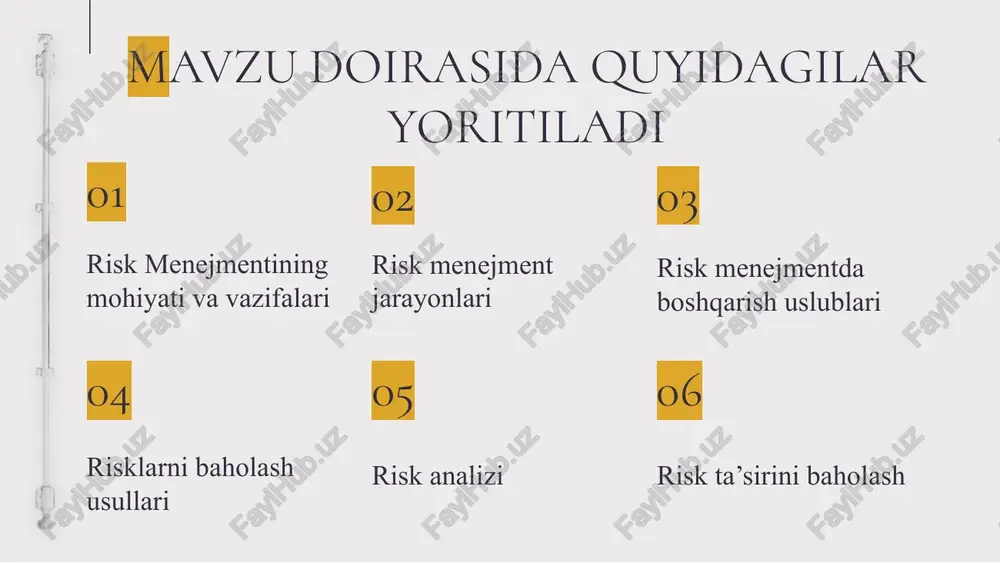 sda risklarni boshqarishni optimal qarorlarini yaratish hidoblanadi 01 riskni aniqlash riskni tahlil qilish harakat qilish monitor qilish (kuzatish, nazorat qilsh) riskni boshqarish risk menejmenti yondashuv va metodlari riskdan qochish-agar yo'qotishning oldini olish bo'yicha urinishlaringiz muvaffaqiyatli bo'lsa, yo'qotish ehtimoli 0%. bu tahdidni butunlay yo'q qilish vositasidir risk(yo’qotish)larni oldini olish- bu risklarni butunlay yo’q qilish o’rniga u ni cheklaydigan usuldir. bu usul riskni qabul qiladi, lekin uning natijasida yo'qotishni minimallashtirishga harakat qiladi..misol uchun, inventarni omborda saqlash uning o'g'irlanishiga moyilligini bildiradi. biroq, buning oldini olishning iloji yo'qligi sababli, yo'qotishlarni minimallashtirish uchun yo'qotishning oldini olish dasturi ishlab chiqilgan. bu dasturlarga qo'riqchilar, videokameralar va himoyalangan saqlash joylarini qo'riqlash xizmatini kiritish mumkin. yo'qotishlarni kamaytirish - bu nafaqat xavflarni qabul qiladigan, balki xavf natijasida yo'qotish sodir bo'lishi mumkinligini qabul qiladigan usul. ushbu usul tahdidning ayrim turlarida yo'qotishlarni minimallashtirishga harakat qiladi. masalan, kompaniya omborda yonuvchan moddalarni saqlashi kerak bo'lishi mumkin. kompaniya rahbariyati bu zaruriy xavf ekanligini tushunib, omborga …