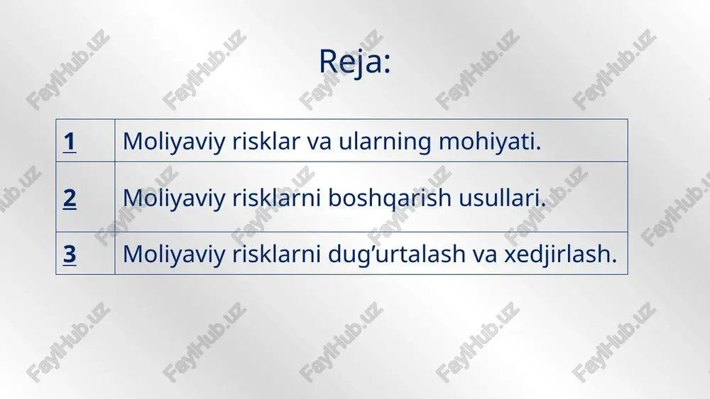 bo’linadi shikastlanishning og’irligi-sug’urta summsaining qnday qiami yo’q qilinganligini anglatadi qayta sug’urtalash-bu alohida obyektlarni yoki sug’urtalashdagi riskning bir qismini ikkinchisiga o’tkazishdir. xedjirlash- valuta risklarini sug’urtalash usuli. xedjing-bu bozorda narxlarning salbiy o’zgarishidan sug’urta qilishdir. xedjirlash instrumentlari: birjali: fyuchers opsion birjasiz: forvard svoplar sales & strategy plan implement the plan mercury is the closest planet to the sun internal analysis venus is the second planet from the sun external analysis earth is the third planet from the sun sales plan despite being red, mars is a cold place sales strategy jupiter is the biggest planet in the system 1 2 3 4 5 $45,129 venus is a hot planet $202,652 mars was named after a god 74% mercury is a small planet $23,587 earth is the planet with life answers & arguments first outcome mercury is the closest planet to the sun write in here your question write in here your answer third …