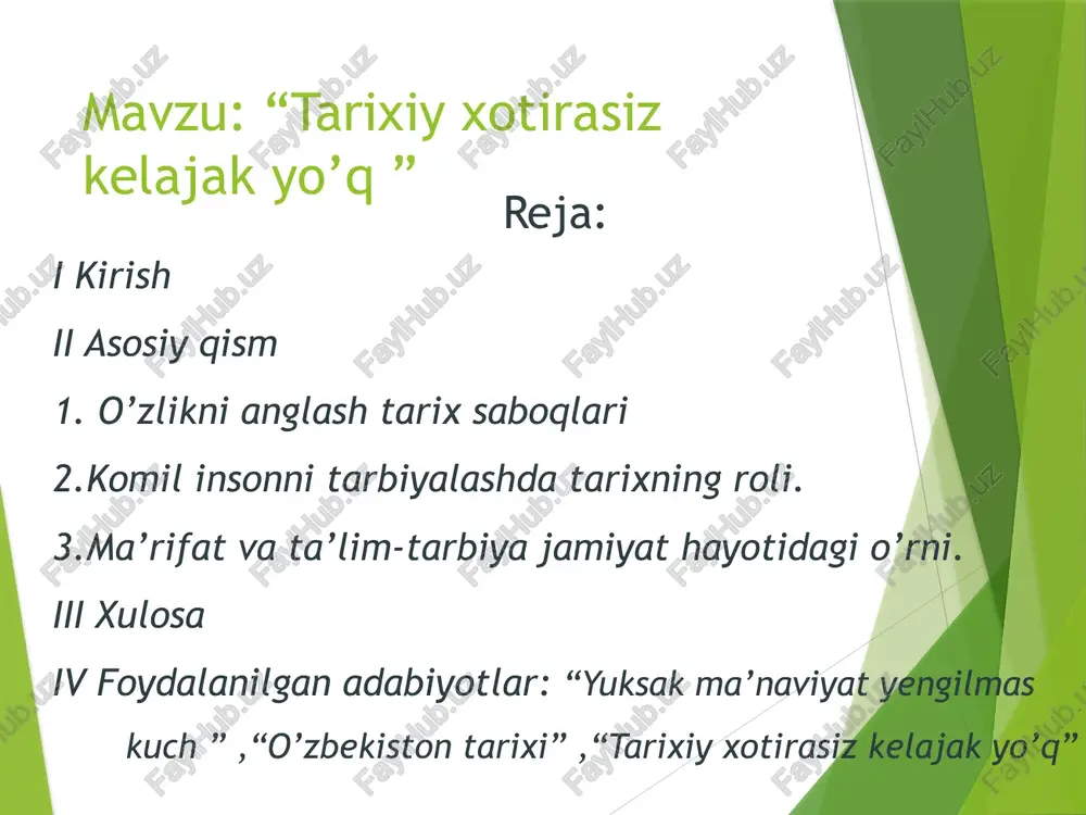 omini ko‘tarish, uning moziydagi yuksak o‘rnini qayta tiklash endigina erishilgan mustaqilligimiz oldiga qo‘yilgan sharafli va mas’uliyatli vazifa edi. esingizda bo‘lsa, ma’rifatparvar jadidlarimizdan biri mahmudxo‘ja behbudiy “ qabilasining ismini va yetti otasining otini bilmaydurg’onlarni “qul”- “marquq” derlar”, deb yozgandi bir maqolasida. atoqli adib chingiz aytmatov esa tarjimayi holida “bizning ovulimizda yetti otasini bilish odatiga qat’iy rioya qilinardi. shu sababdan o‘zimizdan oldin o‘tgan yetti ajdodimizni bilish muqaddas burch ekanligi bolalikdanoq ongimizga singdirilardi” deb eslaydi. lekin shunday holatlar bo‘ladiki, bu narsaga amal qilishga hamisha ham erishish mumkin emas. bunga misol qilib mustabid tuzum hukmron bo‘lgan davrni, u keltirgan fojialarni olishimiz mumkin. prezidentimiz haqqoniy tariximizni yaratishda bir necha masalalar muhim ahamiyat kasb etishini ta’kidlaganlar. ulardan birinchisi, tarix o‘qituvchilarining zimmasiga yuklatilgan mas’uliyat bo‘lib, unga ko‘ra tarixchilar hamma eshitgan narsasiga ishonishi emas, balki chuqur tahlil va mantiqiy xulosalarga tayanib ish yurutishi lozim. chunki faqat bahs, tahlil mevasi bo‘lgan xulosalargina bizga to‘g‘ri yo‘l ko‘rsatishi mumkin edi. ikkinchi …
