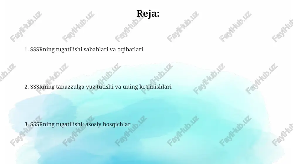 likalar va markaz oʻrtasida ziddiyatlarni kuchaytirdi. gorbachyov islohotlari: qayta qurish va ochiqlik qayta qurish siyosati 1985-yilda sovet iqtisodiyotini markazlashtirilgan rejalashtirishdan bozor munosabatlariga o'tish orqali isloh qilishga qaratilgan kompleks tadbirlarni o'z ichiga olgan. ochiqlik siyosati 1980-yillarning ikkinchi yarmidan boshlab jamiyat hayotining barcha jabhalarida so'z erkinligini, axborot olish huquqini kengaytirishga qaratilgan siyosat bo'ldi. gorbachev islohotlari sssrning siyosiy va iqtisodiy tizimida 1991-yilgacha davom etgan qator o'zgarishlarni o'z ichiga olgan, lekin ularning natijalari bahsli edi. ittifoq respublikalarining mustaqillik harakatlari boltiqbo'yi respublikalarida 1989-1990 yillarda tashkil topgan xalq frontlari ittifoq markazidan mustaqillik talab qiluvchi siyosiy kuchga aylandi, bu butun ittifoqqa ta'sir ko'rsatdi. 1980-yillarning oxirida ittifoq respublikalarida milliy oʻzlikni anglashning kuchayishi va demokratik harakatlar 1990-1991 yillarda suverenitet deklaratsiyalarining qabul qilinishiga olib keldi. ukraina 1991-yil dekabr oyida referendum o'tkazib, aholining 90% dan ortig'i mustaqillikni yoqlab ovoz berdi, bu ittifoqning parchalanishiga turtki bo'lgan muhim voqea edi. 1991 yil avgust voqealari va sssrning rasmiy tugatilishi 26 dekabr 1991 yil sssr …