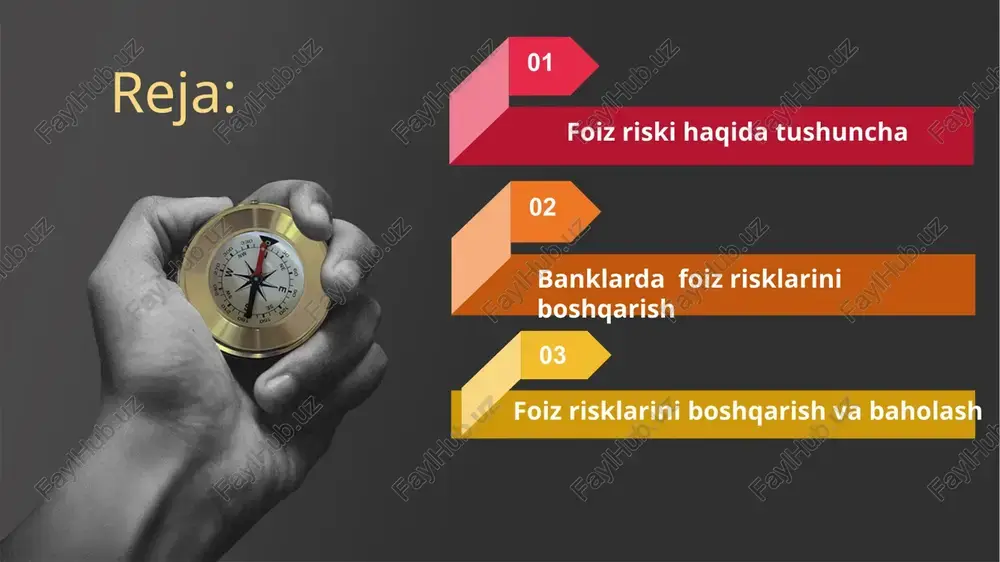 qtlar bo‘yicha mos kelmasligi natijasida olinayotgan daromad tengligining buzilishi.. aktiv va passivlar muddatlari bo‘yicha o‘zgarishi opsion bitimlarda foiz risklarini keltirib chiqaradi. foiz riskini baholashda foiz marjasidan foydalaniladi. foiz marjasi daromad keltiruvchi aktivlar bo‘yicha foiz daromadlar bilan bankning majburiyatlari bo‘yicha foizli xarajatlari o‘rtasidagi farq tushuniladi. foiz marjasi formulasi foiz marjasi formulasi m=fd-fx/fa*100 bu yerda, m-foiz marjasi fd-foizli daromadlar fx-foizli xarajatlar fa-foizli aktivlar foiz marjasi shakllari mo‘ljallanayotgan foiz marjasi (mm) - mazkur ko‘rsatkich orqali bank kredit shartnomasiga kirishdan oldin, xarajatlarni qoplapgina qolmay, balki rejalashtirilgan foydani olish imkoniyatiga ega bo‘ladi. mmo’lj=0,1qr+mmin+pmin bu yerda 0,1qr- qo’shimcha resurslar (jalb qilingan resurslarning 10%i qo’shiladi) pmin- bank aktiv operatsiyalarining minimal foydalalilik me’yori minimal foiz marjasi (mmin) ko‘rinishida aniqlanadi, ya'ni xarajatlarni qoplash imkonini beruvchi, lekin foyda olib kelmaydigan aktivlar va passiv operatsiyalar bo‘yicha minimal stavkalarni ko‘rsatadi. mmin=xb-xboshq/hba*4/n*100 bu yerda xb- bank xarajatlari xboshq- bankning boshqa xarajatlari hba- harakatdagi bank aktivlari n- hisobot davridagi choraklar soni thank you image1.jpeg …