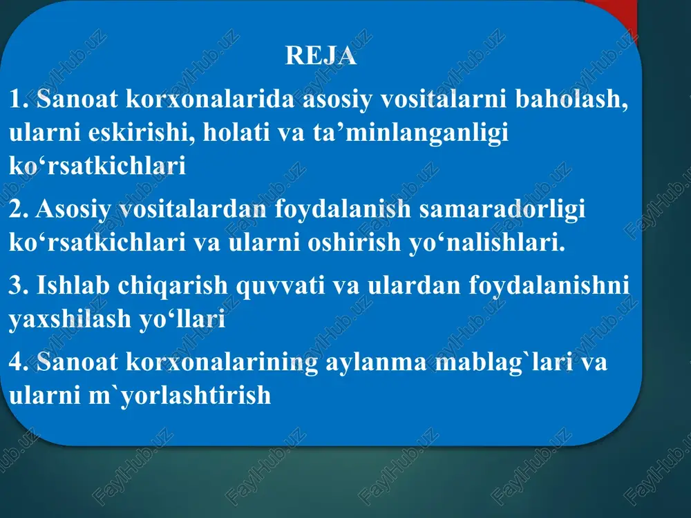 irish uchun foydalanadigan mablag‘lar. tovar va material zaxiralari: ishlab chiqarish jarayonida ishlatiladigan xom ashyo, yarim tayyor mahsulotlar va tayyor mahsulotlar. aylanma mablag‘larning turlari: nazorat uchun savollar: asosiy vositalarni baholash. ma'naviy eskirish. texnologik modernizatsiya ishlab chiqarish hajmi resurslar rejalashtirilishi. image2.png image3.emf image4.png image5.png image6.png image7.png image8.png image9.png asosiy vositalar /docprops/thumbnail.jpeg
