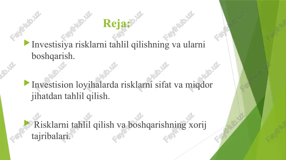 i boshqarishni rejalashtirish. risklarni boshqarishni rejalashtirish deganda aniq loyiha bo‘yicha boshqarishni rejalashtirish va qarorlarni qabul qilish jarayoni tushuniladi. shuningdek, mazkur jarayon o‘z ichiga loyiha risklarini boshqarish jarayonini kadrlar bilan ta'minlashni tashkil etishni ham qamrab olishi lozim. risklarni tasniflash. risklarni tasniflash jarayoni doirasida loyihaga haqiqatan ham ta'sir ko‘rsatishi mumkin bo‘lgan risklar aniqlanadi va bu risklarning tasnifi keltiriladi. shuni ta'kidlash lozimki, investisiya loyihalarini amalga oshirishda risklarni tasniflash ularni boshqarishning eng muhim jarayonlaridan hisoblanadi. risklarni sifat jihatdan baholash. risklarni sifat jihatdan baholash - loyihada tasniflangan risklarning sifat tahlilini amalga oshirish va ulardan eng xatarlilarini ajratib olishdir. risklarni sifatli baholash risklarning paydo bo‘lish shart-sharoitlarini baholashni va ularning standart yoki nostandart usullar va vositalar bilan loyihaga ta'siri aniqlanadi risklarni miqdoriy baholash. iqtisodiy adabiyotlarda risklarni miqdoriy baholash sifatida risklarning paydo bo‘lish ehtimolligini aniqlash va ularning loyihaga ta'siri tushuniladi. risklarni rejalashtirish (aniqlash) va ularni hal etish uslublarini tanlash. iqtisodiy adabiyotlarda risklarni rejalashtirish (aniqlash) va ularni hal etish …