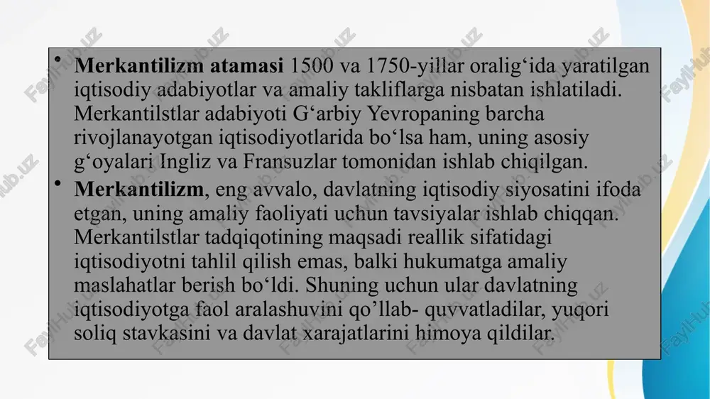 lib keladi deb hisoblaganlar. merkantilistlar xalqaro savdoda nisbiy ustunlikka erishish uchun ishchilarga kam ish haqi berilishi tarafdori bo‘lganlar. ularning flkricha yashash minimumidan yuqori maosh berish mehnat layoqatini kamaytirishi mumkin, yuqori ish haqi yil davomida kamroq soat ishlashga va yalpi ishlab chiqarishni kamaytirishga sabab bo‘lishi mumkin 2. dastlabki va keyingi merkantilizmning o‘ziga xosligi dastlabki merkantilizm buyuk geografik kashfiyotlardan oldin paydo bo‘ldi va xvi asming o‘rtalarigacha faol amal qilib keldi98. uning asosiy vakillari uilyam stafford (1554-1612) (angliya), gaskar skaruffi (1519-1584) (italiya) va boshqalar hisoblanadi. dastlabki merkantilizm “pul balansi” siyosatini olib borgan. bu siyosat pul muomalasini, tashqi savdoni ma’muriy yo‘l bilan qattiq tartibga solish asosida mamlakatning pul boyligini ko‘paytirishga qaratilgan (mamlakat puli qancha ko‘p bo‘lsa, u shuncha boy hisoblangan). dastlabki merkantilizm oltin va kumushni boylikning mutlaq shakli deb qaradi va uni chetdan olib kelish yo‘lini qidirdi. dastlabki merkantilistlar tashqi savdoda ijobiy saldoga erishish uchun quyidagilami maqsadga muvofiq hisobladilar: - eksport qilinadigan tovarlarga maksimum …