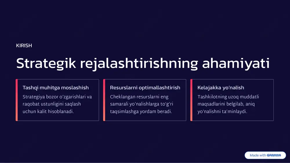 idan eng maqbulini tanlash uchun potentsial ta'sirlar va resurs talablari baholanadi. 01 differensiatsiya boshqa raqobatchilardan noyob mahsulot yoki xizmat orqali ajralib turish. 02 xarajat yetakchiligi bozorda eng past xarajatlar bilan ishlash, narx bo8yicha ustunlikka erishish. 03 fokus ma9lum bir bozor segmentiga yoki mahsulot turiga e9tibor qaratish. 04 integratsiya vertikal yoki gorizontal integratsiya orqali qiymat zanjirini kengaytirish. https://gamma.app/?utm_source=made-with-gamma 4-bosqich strategiyani tanlash va rasmiylashtirish eng mos strategik variant tanlangandan so8ng, u batafsil reja shaklida rasmiylashtiriladi. bu jarayon aniq harakatlar rejasini, mas9ul shaxslarni va muddatlarni belgilashni o8z ichiga oladi. harakatlar rejasi: strategik maqsadlarga erishish uchun zarur bo8lgan qadamlar. resurslarni taqsimlash: strategiyani amalga oshirish uchun moliyaviy, insoniy va texnologik resurslar. risk tahlili: potensial xavflarni aniqlash va ularni yumshatish strategiyalari. https://gamma.app/?utm_source=made-with-gamma 5-bosqich strategiyani amalga oshirish: harakatga o8tish bu bosqich strategiyani qog8ozdan haqiqatga aylantirishdir. muvaffaqiyatli amalga oshirish uchun ichki aloqa, yetakchilik va xodimlarni jalb qilish muhim ahamiyatga ega. aloqa va tushuntirish strategiya barcha xodimlarga aniq va …