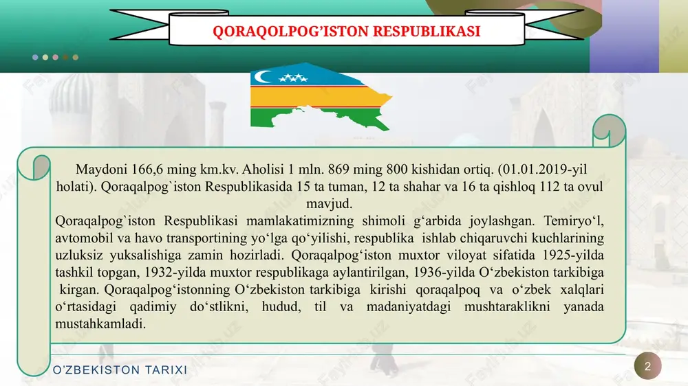 essiyasida (1993-yil 9-aprelda) qoraqalpog’iston respublikasi konstitutsiyasini qabul qildi qoraqalpog`iston respublikasi davlat bayrog`i qoraqalpog‘iston respublikasi oliy majlisining 1992-yil 14-dekabrda bo‘lib o‘tgan xi sessiyasida qabul qilingan. muallifi rassomi jollibay izentayev qoraqalpog`iston respublikasi davlat gerbi 1993-yil 9-aprelda bo‘lib o’tgan xii sessiyasida qabul qilingan. muallif jollibay izentayev qoraqalpog`iston respublikasi davlat madhiyasi 1993-yil 4-dekabrda bo‘lib o’tgan xiv sessiyasida qabul qilingan. muallifi ibroyim yusupov, bastakori najimaddin muhammeddinov qoraqalpog‘iston: bugun va kecha «qirq qiz» to‘yxonasi bugun va kecha. qoraqalpog‘iston: bugun va kecha «baxt uyi» binosining bugungi ko‘rinishi va ilgarigi o‘rni qoraqalpog‘iston: bugun va kecha «xotira» xiyoboni bugun va o‘tmishda. o’zbekiston respublikasi qoraqalpog’iston respublikasini har tomonlama qo’llab - quvvatlab kelmoqda. 1996 yili o’zbekiston davlat byudjetidan qoraqalpog’istonni rivojlantirish uchun 10 mlrd.so’m mablag’ ajratildi. bu qoraqalpog’iston milliy daromadining 55 foizini tashkil qildi. qoraqalpog’istonga berilayotgan moliyaviy yordam miqdori ham o’sib bormoqda. o’zbekiston hukumatining amaliy ko’magi tufayli keyingi yillarda qoraqalpog’istonda aholining turmush sharoitini yaxshilash, tub iqtisodiy islohotlarni amalga oshirish borasida qator ijobiy …