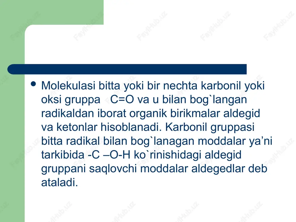 cr2o7 + 4h2so4  2kcr(so4)2 + 4h2o +3o ch3-ch2oh + o  ch3cho + h2o aldegid va ketonlarga natriy bisulfatning ta’siri. bir probirkaga ozgina aseton boshqasiga sirka aldegididan qo’yib ikkala probirkaga 1ml natriy bisulfat eritmasidan qo’shiladi va probirkadagi aralashmalar yaxshilab chayqatiladi.bir oz vaqt o’tishi bilan oq kristall holidagi bisulfat birikmalari ajraladi. 4-tajriba. birlamchi spirtlarni oksidlab aldegid olish. katta probirkaga 0,5g k2cr2o7 va 2 ml sulfat kislota eritmasi solinadi. aralashmani doimiy chayqatib turgan holda unga 2 ml etil spirt qo’shiladi, probirkaning og’zi gaz o’tkazgich nay o’rnatilgan tiqin bilan zich berkitiladi. gaz o’tkazgich nayning uchi 2 ml suv solingan yig’gich probirkaga botiriladi. yig’gich probirka stakandagi muzli suv bilan sovutib turiladi. reaksion aralashma esa ehtiyotlik bilan 2-3 minut qizdirilsa, reaksiyada hosil bo’lgan sirka aldegid haydaladi va yig’gichdagi suvda eriydi. yig’gichda sirka aldegidning suvli eritmasi olinadi. spirtlarni k2cr2o7 va h2so4 aralashmasi bilan oksidlab, sirka aldegid olish reaksiyasi quyidagi tenglama bo’yiocha boradi: h3c-ch2oh + k2cr2o7 …