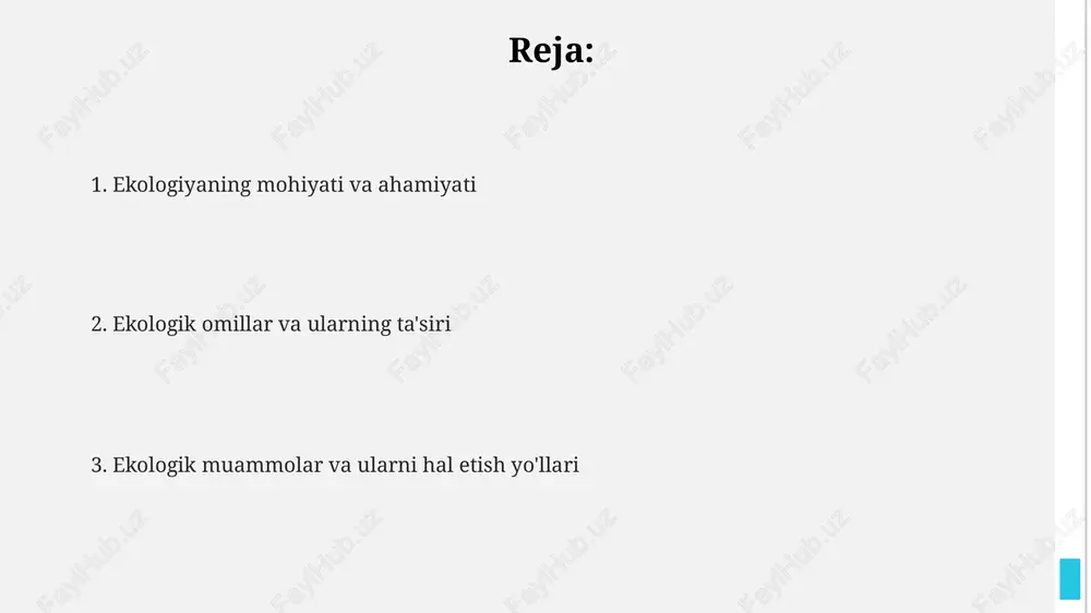 ini 50% gacha kamaytirishi mumkin. ekosistemalar: tuzilishi va funksiyalari ekosistemalar biotik (tirik organizmlar) va abiotik (noorganik) komponentlardan iborat. bu komponentlar o'zaro ta'sirlashib, energiya va moddalar almashinuvini ta'minlaydi. ekosistema tuzilishi trofik darajalar orqali aniqlanadi, masalan, 1-darajali produtsentlar (o'simliklar), 2-darajali iste'molchilar (o'txo'rlar) va yirtqichlar. ekosistemalar funksiyalari orasida birlamchi mahsuldorlik (biomassa hosil qilish), oziq moddalar aylanishi va dekompozitsiya (organik moddalarning parchalanishi) kabi jarayonlar muhim ahamiyatga ega. biogeotsenoz tushunchasi v.n.sukachev biogeotsenoz tushunchasini 1942-yilda fanga kiritgan bo'lib, u o'simliklar, hayvonlar, mikroorganizmlar va ularning yashash muhitining bir butunligini anglatadi. biogeotsenoz - bu tirik organizmlar (biotsenoz) va anorganik muhit (ekotop) o'rtasidagi o'zaro ta'sir natijasida yuzaga keladigan barqaror, takrorlanadigan tabiiy sistema. biogeotsenoz o'z ichiga energiya aylanishi, moddalar almashinuvi va 5 asosiy komponentni: o'simliklar, hayvonlar, mikroorganizmlar, iqlim va tuproqni qamrab oladi. populyatsiyalar ekologiyasi populyatsiya dinamikasi turlarning barqarorligini, masalan, yırtkıch-o'lja munosabatlari yoki raqobatdoshlik, hamda 10 yildan so'ng oqibatlarini bashorat qilish uchun matematik modellarni qo'llaydi. populyatsiyalar ekologiyasi populatsiya hajmi va zichligini …