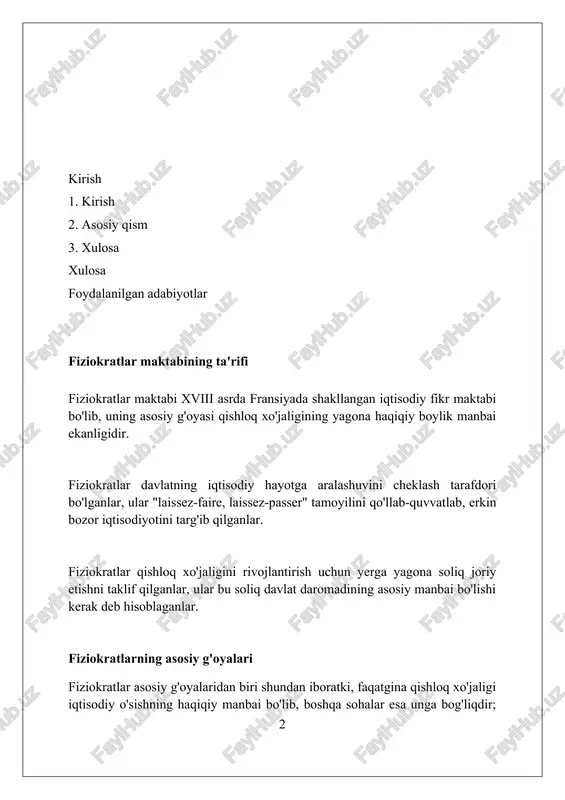 vlat uchun asosiy daromad manbai bo'lishi kerakligini ta'kidlaganlar. "sof mahsulot" (produit net) tushunchasi "sof mahsulot" (produit net) tushunchasi fiziokratlar taʼlimotining asosiy elementi boʻlib, qishloq xoʻjaligida yaratilgan, xarajatlarni qoplagandan soʻng qolgan "ortiqcha" qiymatni anglatadi. u 100% tabiiy qiymatga ega. fiziokratlar "sof mahsulot"ni davlatning asosiy daromad manbai deb hisoblashgan, chunki faqatgina qishloq xoʻjaligi 30-40% foyda berishi mumkin, sanoat va savdo esa "beoʻlik" deb hisoblangan. "sof mahsulot" tushunchasi iqtisodiyotda tabiiy omillarning ahamiyatini koʻrsatadi, bunda yer 75% omil boʻlib, dehqonlar esa 25% xarajatlar bilan "sof mahsulot"ni yaratuvchi asosiy kuch hisoblanadi. yagona soliq taklifi yagona soliq taklifi fiziokratlar iqtisodiy g'oyalarining muhim qismi bo'lib, unga ko'ra faqatgina yer egalari 100% miqdorda soliq to'lashlari kerak edi, chunki ular "sof mahsulot" yaratadilar. fiziokratlar yagona soliq taklifini qo'llab-quvvatladilar, chunki ular yerga soliq solish iqtisodiyotga zarar keltirmaydi, deb hisobladilar, chunki bu faqat renta shaklida 100% "sof mahsulotdan" olinadi. ushbu taklif iqtisodiy faoliyatni soddalashtirish va soliq yig'ish samaradorligini oshirishga qaratilgan edi, …