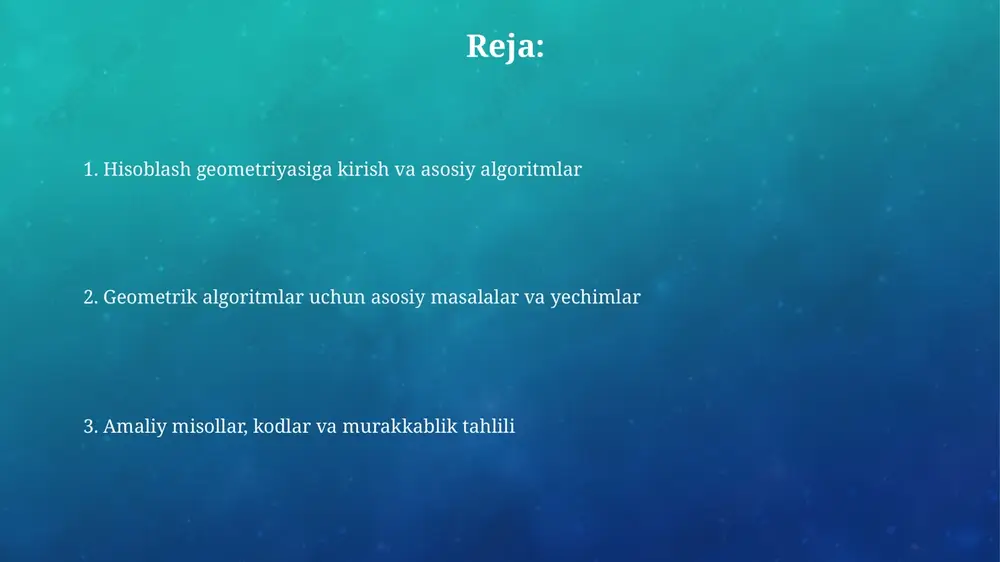 ga oladi, bu xarita ma'lumotlariga asoslangan bo'lib, ko'plab poligonal mintaqalardan tashkil topgan hududda nuqtaning qayerga tushishini aniqlash uchun ishlatiladi. yo'l rejalashtirish va harakatni rejalashtirish algoritmlari a* algoritmi yo'l rejalashtirishda keng qo'llaniladi, taxminiy baholash funksiyasi (heuristika) yordamida eng yaxshi yo'lni topadi va o(n log n) murakkablikka ega bo'lishi mumkin. rrt (randomly exploring random tree) algoritmi harakatni rejalashtirishda qulay, tasodifiy namunalar asosida daraxt quradi va yuqori o'lchamli konfiguratsiya fazolarida 10-30% muvaffaqiyatga erishadi. geometrik shakllarni tanish va optimallashtirish geometrik shakllarni tanishda xatolik darajasini minimallashtirish uchun optimallashtirish algoritmlari qo'llaniladi, masalan, kvadratik dasturlash yordamida optimal moslikni topish mumkin. shakl tanishda xususiyatlarni ajratib olish muhim. optimallashtirish usullari, misol uchun genetik algoritmlar, eng yaxshi 10-15 ta xususiyatni tanlashga yordam beradi. amaliy misollar, masalalarni yechish strategiyalari va kod namunalar amaliy misollarda gis tizimlari orqali 1000+ nuqtalik manzilgohlarni qamrab olgan holda eng qisqa yo'lni topish uchun a* algoritmidan foydalanish mumkin. masalalarni yechishda “bo'laklarga bo'lib hukmronlik qilish” strategiyasidan foydalanib, n …