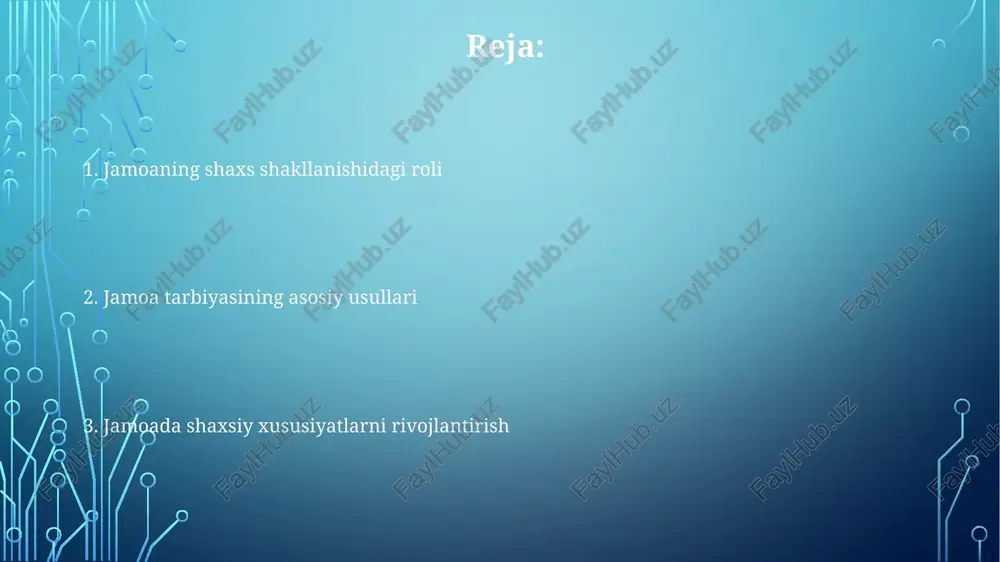 ziga bo'lgan ishonchni 30% ga oshiradi va yangi imkoniyatlar yaratadi. jamoaning shaxsga salbiy ta'siri konformizm bosimi individual fikrlashni cheklaydi: jamoa fikriga moslashish, shaxsning 100% mustaqil qaror qabul qilish qobiliyatini pasaytirishi mumkin, ayniqsa yoshlarda. guruh polarizatsiyasi ekstremal qarashlarni kuchaytiradi: 70% hollarda, jamoa ichidagi muhokamalar shaxsning dastlabki pozitsiyasini yanada radikalroq tomonga o'zgartirishi mumkin. mas'uliyatning tarqalishi individual harakatni susaytiradi: jamoada ishlash, 65% hollarda, shaxsiy mas'uliyatni kamaytiradi, bu esa beparvolikka olib kelishi mumkin. jamoada shaxsning o'rni va vazifalari shaxsning asosiy vazifalaridan biri – bu 75% jamoa maqsadlariga erishish uchun o'z hissasini qo'shish, konstruktiv muloqot orqali 25% muammolarni hal etishga yordam berishdir. jamoada shaxsning o'rni, o'z qobiliyatlaridan kelib chiqib, 100% foyda keltiradigan, aniq vazifalarni bajarishdan iborat, masalan, loyihalash yoki marketing. jamoada shaxs liderlik qobiliyatini namoyon qilib, 5-10% a'zolarga yo'nalish berishi, hamda, qolgan 90% a'zolar bilan hamkorlikda ishlashni ta'minlashi lozim. turli yoshdagi shaxslarga jamoaning ta'siri kattalar, 25-40 yoshda, professional jamoalar orqali kasbiy rivojlanish va maqsadga erishishga …