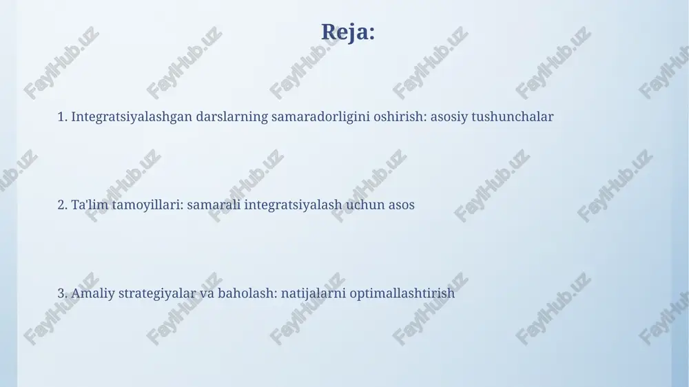 chilarning 70%ida chalkashliklar va tushunmovchiliklarga sabab bo'lishi mumkin. integratsiyalashgan darslarni loyihalashtirish va rejalashtirish bo'yicha strategiyalar mavzulararo bog'liqlikni aniqlashda 9-sinf fizika darsidagi harakat tushunchasini 7-sinf matematika darsidagi koordinatalar sistemasidan foydalanib tushuntirish samarali bo'ladi. rejalashtirishda 4 asosiy elementga e'tibor qaratish zarur: maqsad, baholash, faoliyat va farqlash. har bir element o'quvchilarning ehtiyojlariga mos bo'lishi kerak. o'qitish usullari va texnikasi “kichik guruhlarda ishlash” usuli o‘quvchilarni 3-5 kishilik guruhlarga bo‘lib, muammolarni hal qilishda hamkorlik qilishga undaydi, bu esa 21-asr ko‘nikmalarini rivojlantiradi. “bumerang” texnikasi o‘quv materialini qismlarga ajratib, har bir guruhga 1 qismni o‘rgatadi; so‘ngra, ekspert guruhlari tuzilib, o‘z bilimlarini o‘rtoqlashadi va 100% tushunishga erishiladi. baholash va fikr-mulohaza baholash mezonlari 70% ob'ektiv va 30% sub'ektiv bo'lishi mumkin, talabalar bilimini aniqroq o'lchash imkonini beradi. fikr-mulohazalar 2 turga bo'linadi: formativ (rivojlantiruvchi) va summativ (yakuniy), o'quv jarayonida maqsadga erishish uchun kerak. texnologiyalardan foydalanish ta'limda texnologiyalardan foydalanish o'quv jarayonini 30-40% ga tezlashtirishi, interaktivlikni oshirishi va o'quv materiallarini tushunishni yaxshilashi mumkin. …