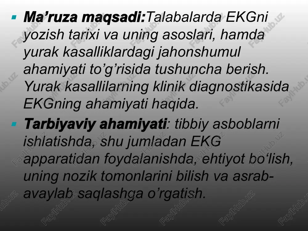 a chap oyoq boldirining pastki qismiga qo’yiladi. 3.standart usulda chap qo’l bilagining pastki qismi va chap oyoq boldirining pastki qismiga qo’yiladi. bir qutbli kuchaytirilgan usul: biopotensiallar farqi faqat bitta aktiv elektrodga qayd qilinadi. mos ravishda o’ng qo’ldan bir qutbli usul– avr, chap qo’ldan– ayl, chap oyoqdan bir qutbli usul– ayf bir qutbli kuchaytirilgan ulanishlar ko’krakdan olish usullari: bu usullar odatda v harfi bilan belgilanadi (vilson ) bir elektrod qo’lda qoldirilib, ikkinchi elektrod tananing quyidagi nuqtalariga qo’yiladi. ▪ v1 – 4 qovurg’alar oralig’idagi to’sh suyagining o’ng chetiga. ▪ v2 – 4 qovurg’alar oralig’ining to‘sh suyagining chap chetiga. ▪ v3 – v2 va v4 usullarida ko’rsatilgan joylar orasida ko’rsatilgan masofaning o’rtasiga. ▪ v4 – beshinchi qovurg’alar oralig’idagi umrov chap tomonga (lin.medioclavicularis sin). ▪ v5 – 5-qovurgalar oralig’idagi qo’ltiq osti chizig’idan ▪ (lin.axillaries anterior sin) chap tomonida. ▪ v6 – 5 qovurg’alar oralig’idagi o’rta qo’ltiq osti chizig’idan ▪ (lin. axillaries media) chap tomonidan. …