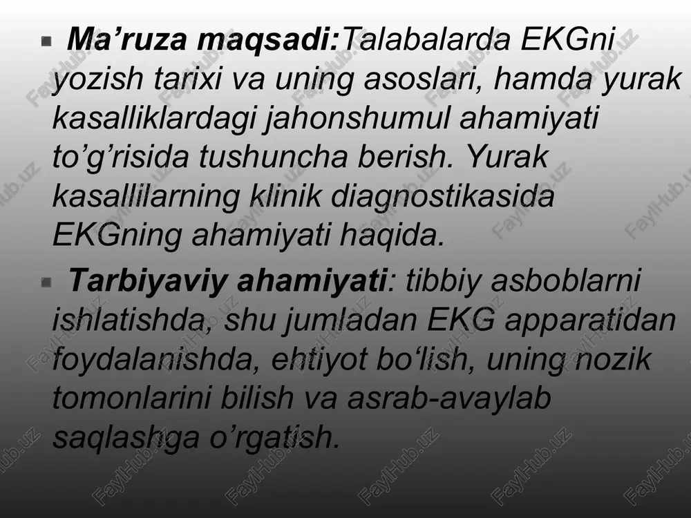 ning pastki qismiga qo’yiladi. 3.standart usulda chap qo’l bilagining pastki qismi va chap oyoq boldirining pastki qismiga qo’yiladi. bir qutbli kuchaytirilgan usul: biopotensiallar farqi faqat bitta aktiv elektrodga qayd qilinadi. mos ravishda o’ng qo’ldan bir qutbli usul– avr, chap qo’ldan– ayl, chap oyoqdan bir qutbli usul– ayf bir qutbli kuchaytirilgan ulanishlar ko’krakdan olish usullari: bu usullar odatda v harfi bilan belgilanadi (vilson ) bir elektrod qo’lda qoldirilib, ikkinchi elektrod tananing quyidagi nuqtalariga qo’yiladi. v1 – 4 qovurg’alar oralig’idagi to’sh suyagining o’ng chetiga. v2 – 4 qovurg’alar oralig’ining to‘sh suyagining chap chetiga. v3 – v2 va v4 usullarida ko’rsatilgan joylar orasida ko’rsatilgan masofaning o’rtasiga. v4 – beshinchi qovurg’alar oralig’idagi umrov chap tomonga (lin.medioclavicularis sin). v5 – 5-qovurgalar oralig’idagi qo’ltiq osti chizig’idan (lin.axillaries anterior sin) chap tomonida. v6 – 5 qovurg’alar oralig’idagi o’rta qo’ltiq osti chizig’idan (lin. axillaries media) chap tomonidan. tok harakatining hosil bo’lishi bilanoq, o’ziga hos egri chiziqlar hosil bo’ladi …
