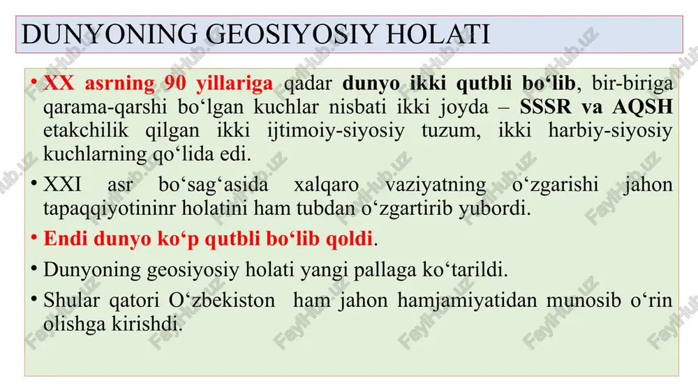 sida joylashgan o‘zbekistondan o‘tadi; o‘zbekiston o‘zining geosiyosiy holatidan kelib chiqib, mazkur mintaqada kuchlar nisbati va muvozanatini saqlash, iqtisodiy integratsiya jarayonini rivojlantirish, barqarorlikni ta’minlash, hamkorlikni mustahkamlash imkoniyatiga ega. o‘zbekiston o‘zining joylashuviga ko‘ra o‘rta osiyoning transport, energetika, kommunikatsiya, suv tizimi markazida joylashgan. respublikaning muhim xususiyati shundan iboratki, bu yerda aholining o‘sish sur’atlari yuqori. tabiiy-iqlim sharoiti qulay, ulkan mineral – xom ashyo zaxiralari va strategik materiallarga ega, dehqonchilik madaniyati rivojlangan, oziq-ovqat bilan o‘zini ta’minlashga qodir. tashqi ishlar vazirligi tizimi o‘zbekiston respublikasi birinchi prezidenti i.a.karimov ta’kidlaganidek, «o‘zbekiston respublikasi uchun mustaqil tashqi siyosat yuritish – davlat faoliyatining yangi va amalda qo‘llanilmagan yo‘nalishlaridan biridir. o‘zbekistonda markaz ko‘rsatmasi bilan 1944 yil 27 sentabrda tashqi ishlar vazirligi ochilgan. biroq u kichikkina bir idoracha bo‘lib, hech qanday vakolatlarga ega emas edi. sobiq sssr tashqi ishlar vazirligi tizimida rasmiy ravishda ishlaydiganlarning 92 % bir millatning vakillari edi. o‘zbekiston respublikasi tashqi siyosatining asosiy tamoyillari quyidagilardan iborat: mafkuraviy qarashlardan qati nazar hamkorlik …
