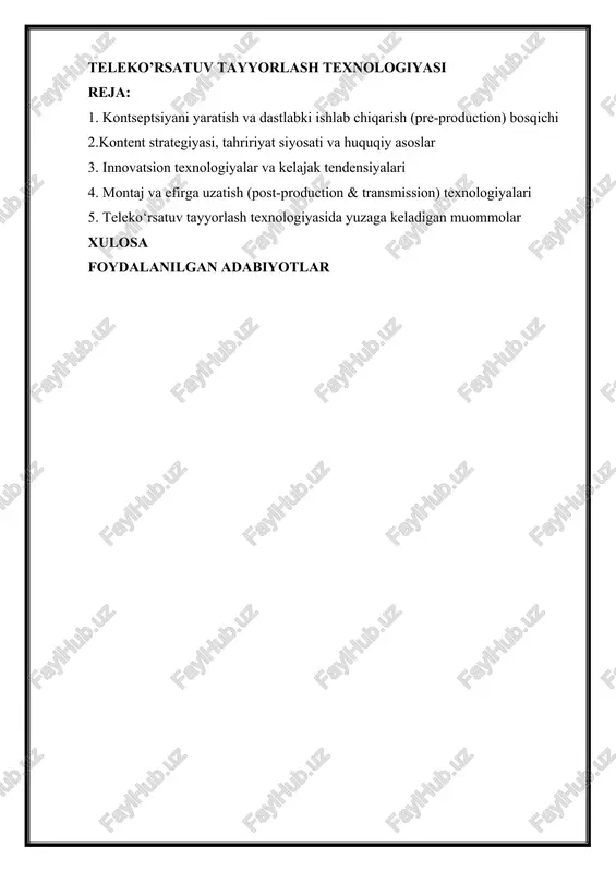 h uchun esa moving broadcast units (ob vans) – harakatlanuvchi efir stantsiyalari texnologiyasi qo‘llaniladi; bu maxsus jihozlangan avtomobillar bo‘lib, ular voqea joyidan tasvirga olish, signallarni joyida aralashtirish va yo‘ldosh aloqasi (sng – satellite news gathering) yoki mobil internet aloqalari (liveu kabi) orqali studiyaga yoki bevosita efirga uzatish imkoniyatini beradi, bu ayniqsa sport musobaqalari, yangiliklar va ommaviy tadbirlarni yoritishda ajralmas texnologiyadir. jadval 1: televizion studiya texnik uskunalari va ularning vahifasi uskuna turi asosiy vazifasi texnik tavsifi videomikser/switcher turli kamera signallari orasida tezkor o‘tish (montaj) va grafika qo‘shish. professional kommutatsiya paneli, bir vaqtda 8-40 gacha kamera kiritish imkoniyati, dve (digital video effects) funksiyalari. prompter (teleprompter) boshlovchiga ekranda matnni ko‘rsatish. kamera linzasi oldida yarim shaffof oynali tizim, matnni teskari akslantirish texnologiyasi. yoritish pulti (lighting console) stdiya yoritish moslamalarini markazlashtirilgan holda boshqarish. dmx protokoli bo‘yicha ishlaydigan dasturiy-apparat majmuasi, yorug‘lik kuchini, rangini va harakatini o‘zgartirish. audio mikser (sound console) mikrofonlar, musiqa va effektlardan kelayotgan barcha …