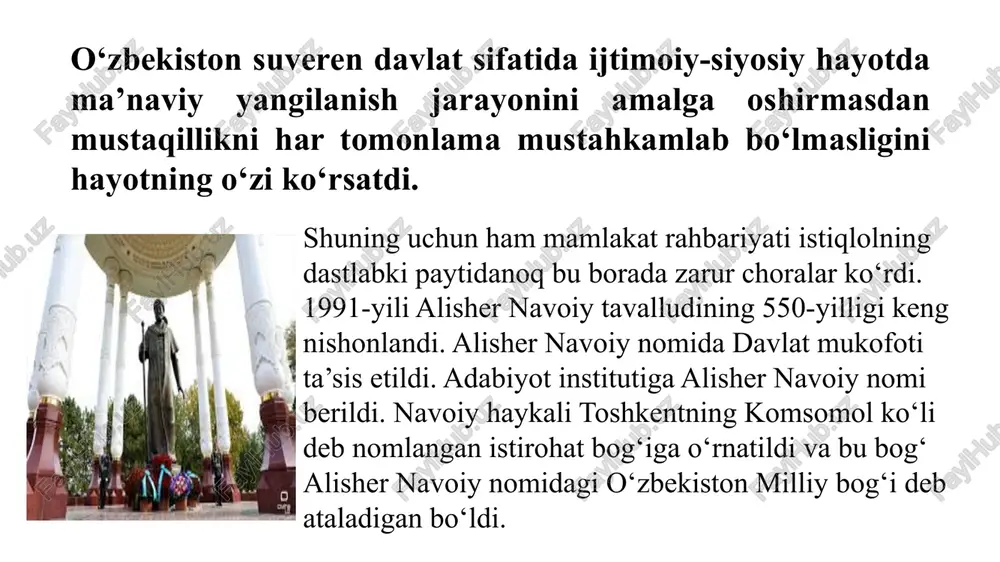 xshariyning 920 yilligi, najmiddin kubroning 850 yilligi, bahouddin naqshbandiyning 675 yilligi, xoja ahror valiyning 600 yilligi va boshqa allomalarning yubileylari keng nishonlandi. 1993-yil toshkentda, 1996-yil samarqand va shahrisabzda amir temur haykali ochildi. shu yili samarqand va shahrisabz shaharlari «amir temur» ordeni bilan mukofotlandi. yodda tuting milliy urf-odatlar, qadriyatlar va an’analarning tiklanishi. istiqlol sharofati bilan xalqimizning milliy-ma’naviy merosini tiklash va yangilash hamda xalqimiz ongiga yetkazish va turmushiga singdirish muhim vazifalardan biri sifatida kun tartibiga qo‘yildi. yodda tuting! o‘zbekistonda rasman 3 ta xotira kuni mavjud: 1) 1999-yildan boshlab 9 may – «xotira va qadrlash kuni 2) 2001-yildan e’tiboran 31-avgust – «qatag‘on qurbonlarini yod etish kuni»; 3) 2017-yildan boshlab 2-sentabr – o‘zbekiston respublikasining birinchi prezidenti islom karimov xotirasi kuni. xalqimizning azaliy qadriyati, sevimli bayrami hisoblanmish “navro‘z” bayramining xalqimizga qaytib berilishi mamlakat tarixida katta voqea bo‘ldi. 1991-yildan boshlab mamlakatda prezident farmoniga ko‘ra, 21-mart – navro‘z umumxalq bayrami sifatida nishonlanadigan bo‘ldi. qadimiy xalq bayrami – …