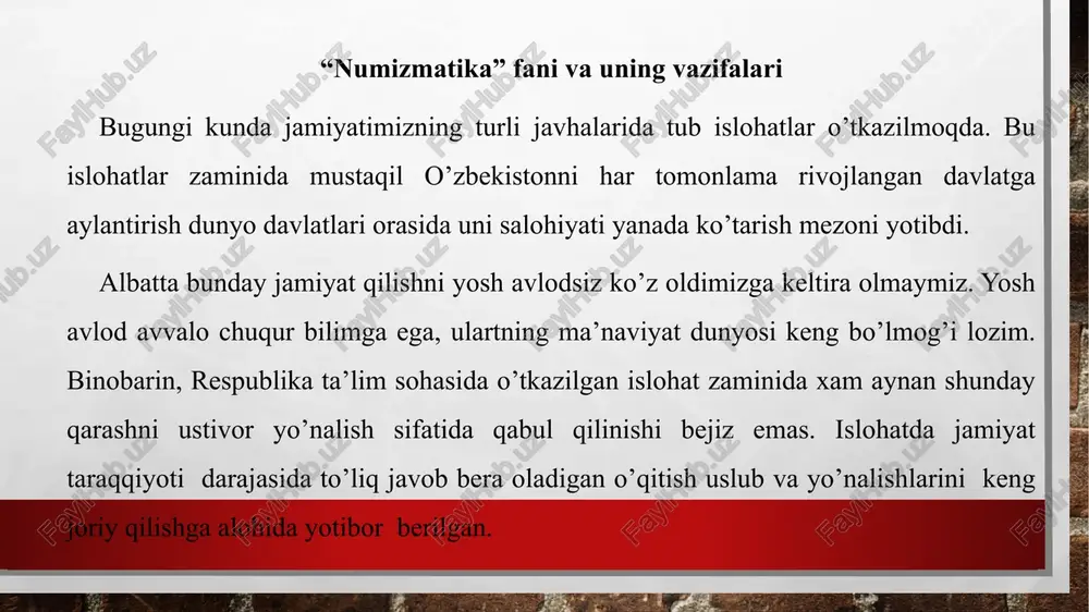 nlari juda salmoqlidir. tangalar davlatlarni shakllantirish va rivojlantirish jarayonlarini ularning chegaralarini, shoxlarni nomlari va hukmronlik qilgan yillarini, davlat mafkurasini, halqaro madaniy va iqtisodiy aloqalarni, tabiatini, aholiusini, qishloq xo’jaligini, xunarmandchilik sohalarini, qurol-yaroq tarixini, kiyim-boshlarni o’rganishda muhim mazmun kasb etadi. turli tarixi va arxeologik yodgorliklarni yoshini aniqlashda muhim ahamiyatga ega. tangalar qadimgi sa’natni rivojlanish yo’llari aniqlashda qimmatli manba bo’lishi bilan birga, tangalar ham noyob sa’nat asarlari hisoblangan. binobarin ular insonning ma’naviy dunyosini o’rganishda xam katta ahamiyatga ega. markaziy osiyoda shu jumladan o’zbekiston tavar ayriboshlash erta rivojlangan mamlakatlar qatoriga kiradi. xalqimizda ilk bor tangalarni milloddan oldingi iii-ming yillik o’rtalarida tanishgan. milloddan oldingi iii asrdan boshlab esa u o’zining tangalarini muntazam zarb qilib kelmoqda. xozir o’zbekiston numizmatikasi turli tarixiy davrlarga oid bir necha 100 mingdan ortiq tangalar kolleksiyalariga ega. bebaho boylik hisoblangan bu tangalar xalqimizning teran tarixi, yuksak va shu bilan birga o’ziga hos bo’lgan madaniyatini, dunyosini o’rganishda katta ahamiyatga egadirlar. numizmatika - qadimiy …