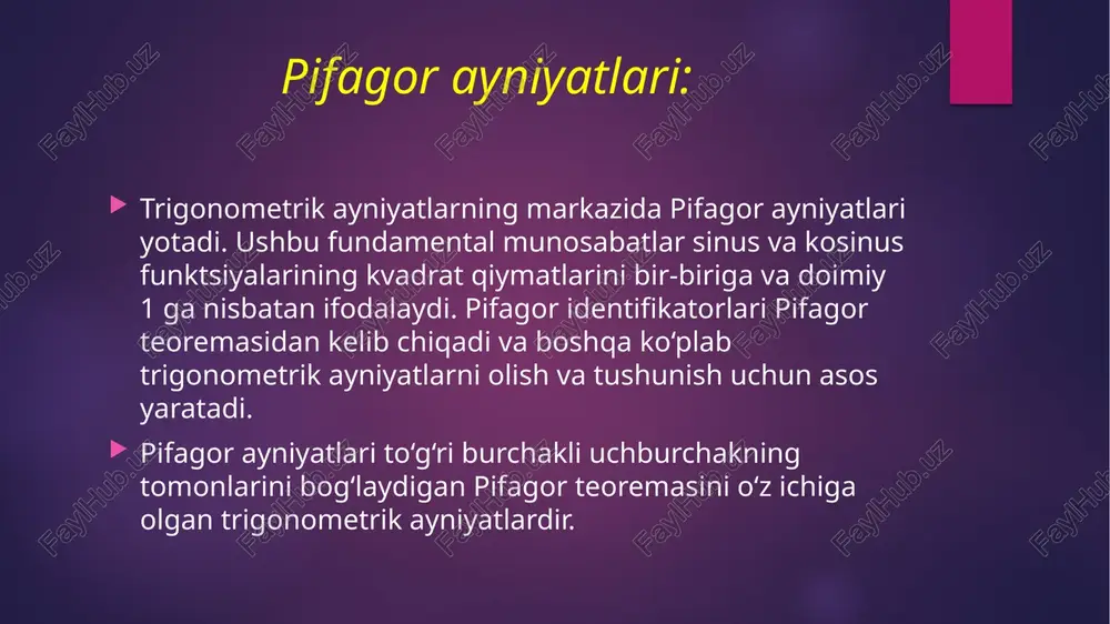 i va tangenslari bo‘yicha ifodalashga imkon beradi. ular trigonometrik ifodalarni soddalashtirishda va trigonometrik tenglamalarni echishda bebahodir. trigonometriyadagi yig‘indi va farq formulalari ikki burchak yig‘indisi yoki farqining trigonometrik funktsiyalarini alohida burchaklarning trigonometrik funktsiyalari nuqtai nazaridan ifodalash uchun ishlatiladi. sinus, kosinus va tangens uchun yig‘indi va farq formulalari: sinus uchun yig‘indi va farq formulalari: kosinus uchun yig‘indi va farq formulalari: tangens uchun yig‘indi va farq formulalari: ushbu formulalar ko‘pincha summalar yoki burchaklar farqlarini o‘z ichiga olgan trigonometrik ifodalarni soddalashtirish va ularni oddiyroq trigonometrik funktsiyalar nuqtai nazaridan ifodalash uchun ishlatiladi. ular hisoblash, fizika va muhandislik kabi turli sohalarda dasturlarni topadilar. ikki burchakli va yarim burchakli ayniyatlar: ikki burchakli va yarim burchakli ayniyatlar trigonometrik soddalashtirish va ikki yoki ikki baravar kamaytirilgan burchaklarni o‘z ichiga olgan trigonometrik tenglamalarni echish uchun muhim vositadir. ushbu ayniyatlar ikki yoki yarim burchakning sinus, kosinus va tangensini navbati bilan asl burchakning sinus, kosinus va tangens jihatidan ifodalaydi. ushbu ayniyatlar burchaklarning …
