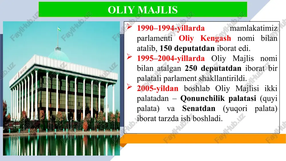 ; o‘zbekiston respublikasi konstitutsiyasining 79-moddasiga muvofiq o‘zbekiston respublikasining qonunchilik palatasi mutlaq vakolatlariga: 3) o‘z faoliyatini tashkil etish va palataning ichki tartib qoidalari bilan bog‘liq masalalar yuzasidan qarorlar qabul qilish; 4) siyosiy, ijtimoiy-iqtisodiy hayot sohasidagi u yoki bu masalalar yu-zasidan, shuningdek, davlat ichki va tashqi siyosati masalalari yuzasidan qarorlar qabul qilish kiradi. oliy majlis senatining mutlaq vakolatlari. 1) o‘zbekiston respublikasi oliy majlisining senati raisini va uning o‘rinbosarlarini, qo‘mitalarning raislari va ularning o‘rinbosarlarini saylash; 2) o‘zbekiston respublikasi prezidentining taqdimiga binoan o‘zbekiston respublikasi konstitutsiyaviy sudini saylash; 3) o‘zbekiston respublikasi prezidentining taqdimiga binoan o‘zbekiston respublikasi oliy sudini saylash; 4) o‘zbekiston respublikasi prezidentining taqdimiga binoan o‘zbekiston respublikasi sudyalar oliy kengashining raisini saylash; 5) o‘zbekiston respublikasi bosh vazirining taqdimiga binoan o‘zbekiston respublikasi tabiatni muhofaza qilish davlat qo‘mitasining raisini tayinlash hamda uni lavozimidan ozod etish. o‘zbekiston respublikasi konstitutsiyasining 80-moddasiga muvofiq o‘zbekiston respublikasi oliy majlisining senati mutlaq vakolatlariga: 6) o‘zbekiston respublikasi prezidentining o‘zbekiston respublikasi bosh prokurori va hisob …