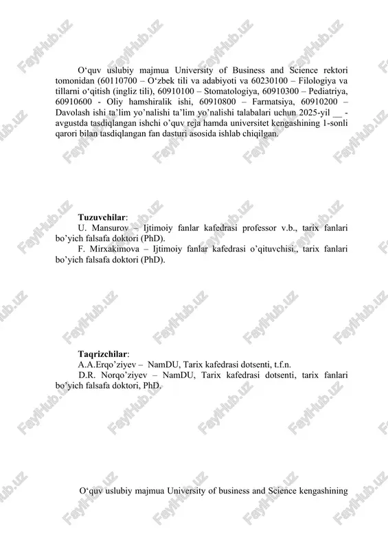 shqaruv tizimi, ijtimoiy-iqtisodiy, siyosiy va ma’naviy sohalarda katta o‘zgarishlar amalga oshirildi. shuningdek, ta’lim sohasida ham bir qator islohotlar o‘tkazilib, barkamol avlodni shakllantirishga yo‘naltirilgan islohotlar rivojlantirilib borilmoqda. bugun jahonda yuz berayotgan voqea va hodisalar, mafkuraviy qarama-qarshiliklarning mazmun-mohiyatini tahlil etish, turli xil yot g‘oyalardan yoshlarni himoya qilish uchun tarixiy tafakkurni shakllantirish muhim ahamiyat kasb etadi. shu o‘rinda ta’kidlash kerakki, oliy o‘quv yurtlarida o‘zbekistonning eng yangi davri tarixini chuqur o‘rganish yosh mutaxassislarning bugungi davr siyosatini, jahon hamjamiyatidagi o‘rnini, davr qahramonlarini, ayniqsa o‘zining ham shu jarayon ishtirokchisi ekanligini to‘g‘ri va to‘liq anglashi jamiyat taraqiyotida muhim ahamiyat kasb etadi. “o‘zbekistonning eng yangi tarixi”, ya’ni o‘zbekistonning davlat mustaqilligiga erishishi arafasida yuzaga kelgan murakkab vaziyat, respublika mustaqilligining e’lon qilinishi, mustaqillik yillarida mamlakatda amalga oshirilayotgan ijtimoiy-siyosiy, iqtisodiy, ma’naviy sohalardagi islohotlar va ularning bosqichlarini, o‘zbekistonning jahon hamjamiyati bilan har tomonlama integratsiyasini, xalqaro munosabatlar, xavfsizlik, millatlararo totuvlik va diniy bag‘rikenglikni ta’minlash, tinchliksevar tashqi siyosat kabi masalalarning ilmiy va amaliy ahamiyati …