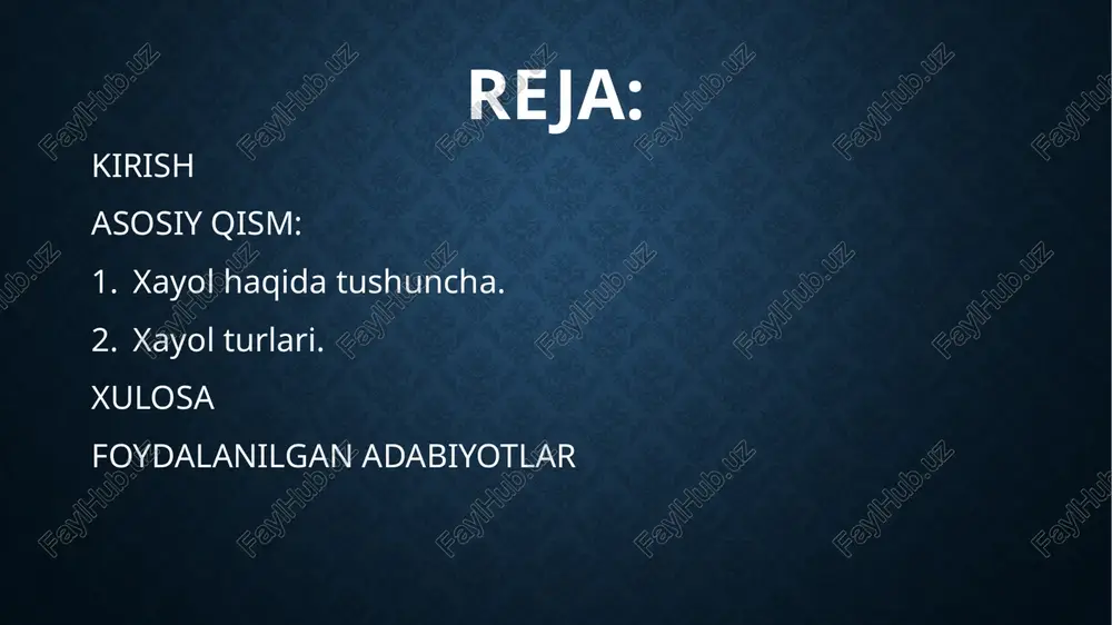 mas, ba`zan uning urnini bosuvchi obrazlar hosil qilish vositasi sifatida ham yuzaga chiqadi. xayol tafakkur singari, muammoli vaziyatda, ya`ni masalani echishning yangi usullarini kidirib topishda yuzaga keladi. ehtiyojlarni qondirishning real jarayonidan oldin ehtiyojlarni qondirishning soxta, xayoliy jarayoni sodir bo`ladi. asosiy qism: 2. xayol turlari xayol o`zining faolligi va aktivligi bilan xarakterlanadi. shu bilan birga xayol kishini faollikka undovchi kuch, turtki sifatida ham ishlaydi. lekin ayrim hollarda xayol faoliyatning o`rnida, ya`ni soxta faoliyat sifatida harakat qilishi mumkin. odam og`ir ahvolga tushganda, biror masalani echa olmaganda, o`z xatolaridan qochishga harakat qilgan kabi hollarda u foydasiz orzularga, real hayotdan uzoq fantastika olamiga kirib ketishi mumkin. bunday hollarda kishi amalga oshirib bo`lmaydigan ish-harakat rejalarini tuzadi. xayolning bunday turi passiv xayol deb ataladi. passiv xayol ixtiyoriy yoki ixtiyorsiz yuzaga kelishi mumkin. ixtiyoriy ravishda yuzaga keltirilgan, lekin hayot bilan, real hayotdagi faollikka olib kelmaydigan passiv xayol turi shirin xayol deb ataladi. qandaydir quvonchli, yoqimli narsalar haqida …