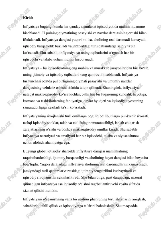 vosita sifatida xizmat qilishi mumkin. inflyatsiyani o‘rganishning yana bir muhim jihati uning turli shakllarini aniqlash, sabablarini tahlil qilish va iqtisodiyotga ta’sirini baholashdir. shu maqsadda iqtisodchilar inflyatsiyani turlarga ajratadilar: moderat inflyatsiya, galloping inflyatsiya va giperinflyatsiya. har bir turi o‘ziga xos xususiyatlarga ega bo‘lib, unga qarshi chora-tadbirlar ham farqlanadi. shu nuqtai nazardan, inflyatsiya nafaqat iqtisodiy ko‘rsatkichlarni o‘rganish, balki mamlakatning iqtisodiy barqarorligini ta’minlash, byudjet va pul-kredit siyosatini to‘g‘ri shakllantirish, investitsiyalarni rag‘batlantirish va aholi farovonligini oshirishda muhim rol o‘ynaydi. ushbu referat esa inflyatsiyaning mohiyati, turlari, iqtisodiyotga ta’siri va unga qarshi choralarni mukammal tahlil qilishga qaratilgan. 1. inflyatsiya tushunchasi va turlari inflyatsiya — bu umumiy narxlar darajasining uzluksiz o‘sishi jarayoni bo‘lib, pulning xarid quvvatini pasaytiradi. inflyatsiyaning asosiy turlari quyidagilardan iborat: · sezilarli inflyatsiya (moderate inflation) — narxlar asta-sekin oshadi, iqtisodiyot barqaror ishlaydi. · tezlashgan inflyatsiya (galloping inflation) — narxlar tez o‘sadi, iqtisodiy barqarorlik pasayadi. · giperinflyatsiya (hyperinflation) — juda tez narxlar o‘sishi, pul qiymatsizlanadi. 1.1 …