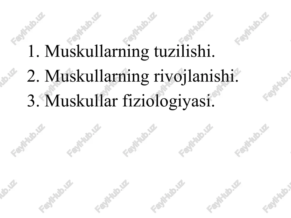 bunday tolalar miofibril tolalar deyiladi aktin miazin shakliga ko‘ra duksimon qisqa trapesiyasimon rombsimon uzun tishsimon keng muskullar ko‘krak va qorin devorida, halqa muskullar ko‘z va og‘iz atrofida bo‘ladi. uzun muskullar qo‘l va oyoqda, kalta muskullar qovurg‘alar orasida patsimon, bir patli, ikki patli, tasmasimon, ikki boshli, uch boshli, to‘rt boshli, ikki qorinli, to‘g‘ri, keng va halqasimon xillarga ajratiladi. har bir muskul parallel joylashgan ko‘ndalang targ‘il tolalardan iborat. tolalar birgalikda muskul boylamlarini, boylamlar muskullarni hosil qiladi. tolalar, boylamlar va muskullar sirtdan yupqa va pishiq biriktiruvchi to‘qimadan iborat fassiya parda bilan qoplangan. parda bilan muskul oralig‘ida sinoval suyuqlik bor. muskul tolalari juda ingichka qisqaruvchi ipchalar – miofibrillar va juda ko‘p yadrolardan iborat. miofibrillar yo‘g‘on miozin va ingichka aktin oqsil ipchalardan tuzilgan. har bir muskul paydan iborat bosh va dum, yo‘g‘on qorin qismdan iborat. muskul ikki uchidagi paylar orqali suyakusti pardasiga yopishadi. muskullarning rivojlanishi gavda muskullari, embrionning orqa sohasida joylashgan segamintar qismi-somitlardan skleretom umurtqa …