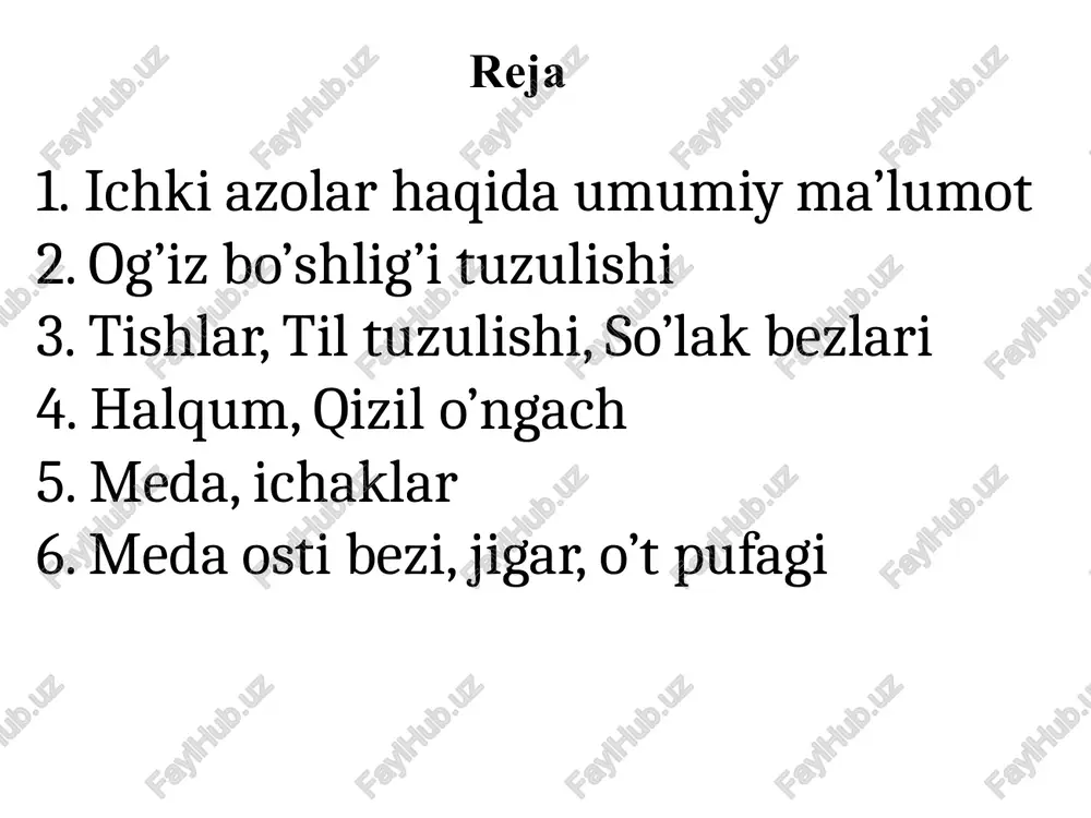 ingi orqa qismlari, hiqildoq, qiziolngach, meda. (tishlar, so’lak bezlari, qalqonsimon bez, ayrisimon bezlar) o’n ikki barmoq, och, yonbosh ichaklar (jigar, meda osti bezi) ko’r ichak, ko’tariluvchi chambar, ko’ndalang va pastga tushuvchi ichaklar tog’ri ichaklar taraqqiy etadi ovqat hazm qilish oqsillar-aminokislatalarga uglevodlar-monosaxaridlarga yog’lar-yog’ kislatalari-gilitsiringa suv va miniral tuzlar, vitaminlar qonga o’zgarmagan holda so’riladi 1 kecha kunduzda, 10 l suyuqlik. 1,5 l so’lak, 2,5 l meda shirasi, 1, l meda osti bezi shirasi, 1,2 l jigar o’ti, 2,5 ichak shiralari, 1,5-2 l suv (istemol qilinadigan suyuliklar) og’iz bo’shlig’i kirsh qismi-daxliz xususiy og’iz bo’shlig’i old tomoni yuqori pastgi lablar, yon tomoni lunjlar, orqa tomoni yuqori pastki jag’lar, ulardagi tishlar, lablar-tashqi tomoni teri, ichki tomoni shilliq parda asosi aylanma mimika muskullar. lunjlar-lablarning davomi b/b, chuqur qavatida yog’ qavatlari, shilliq qavatida mayda bezchalar joylashgan. berk turganda 2 yon tomonida tishlar, milklar b,n chegaralandi. yuqori devorini qattiq va yumshoq tanglay, hamda burn bo’shlig’ini og’iz bo’shlig’idan ajratib …