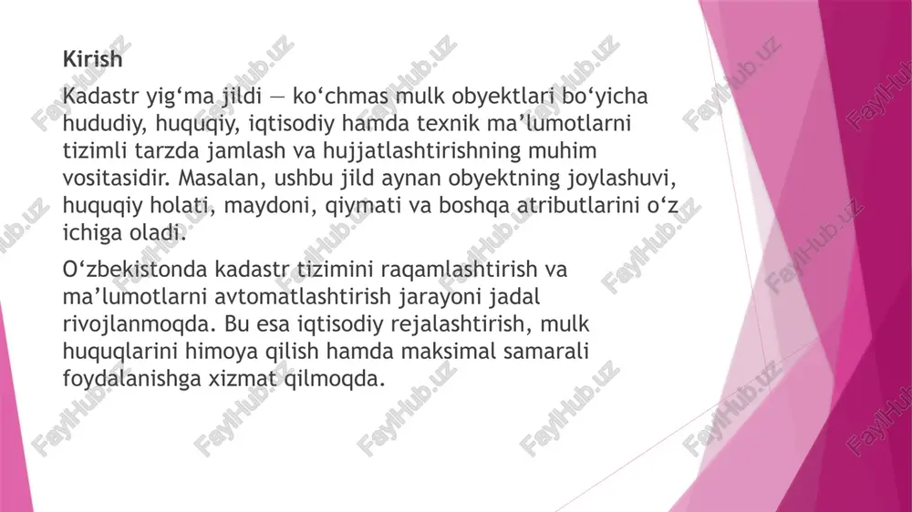 . u iqtisodiy faoliyat, soliqlarni hisoblash, investitsiyalarni jalb qilish va yer resurslarini samarali boshqarish uchun zarur. shuningdek, kadastr yig‘ma jildi yer va bino mulkini huquqiy himoya qilishda asosiy vosita sifatida xizmat qiladi. kadastr yig‘ma jildi — bu ko‘chmas mulk obyektlari bo‘yicha barcha zarur hujjatlarni, xaritalar, reestr ma’lumotlarini, texnik pasportlar va boshqa tegishli ma’lumotlarni birlashtirib, elektron yoki qog‘oz shaklda tayyorlangan yig‘ma hujjatlar to‘plami. uning asosiy vazifasi: ko‘chmas mulk obyektlarini ro‘yxatga olish, mulkiy huquqlarni himoya qilish, moliyaviy va huquqiy hisob-kitoblarni osonlashtirish, ma’lumotlarni tezkor va samarali boshqarish. bosqich tavsif ma’lumotlarni tayyorlash ko‘chmas mulk obyektiga oid barcha hujjatlar, xaritalar, texnik pasportlar yig‘iladi va tartiblanadi. elektron formatga o‘tkazish qog‘oz hujjatlar skanerlanadi yoki raqamli formatga aylantiriladi (pdf, jpeg, dxf, shp). axborot tizimiga kiritish ma’lumotlar maxsus dasturiy ta’minotga kiritiladi, har bir obyekt uchun identifikatsiya raqami, joylashuv, maydon, egasi, huquq turi va boshqa parametrlar yoziladi. ma’lumotlarni tekshirish va tasdiqlash kiritilgan ma’lumotlar aniqligi tekshiriladi, xatoliklar aniqlansa, tuzatiladi. saqlash va …