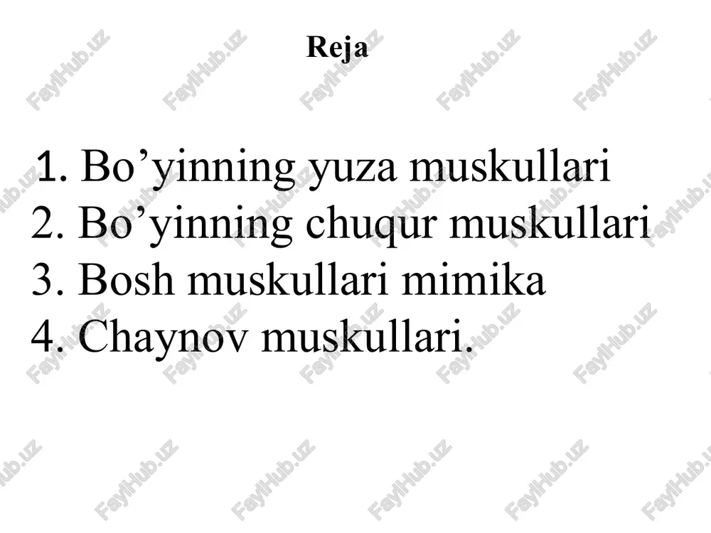 sticus bigzsimon o’simta-m stehiladeus qalqonsim to’g’ay til osti orasidagi m m.tirahiedeus kurak til osti m-m.omahedius to’sh til osti m. m.sterna hiedeus chuqr muskullar oldingi narvonsimon o’rtadagi narvonsimon orqadagi narvonsimon bo’yinning uzun m boshning uzun m boshning oldingi va yon tomonidagi m iii-vi bo’yin umurtqalarining ko’ndalang o’siqlaridan, i-qovurg’aning tepa yuzasiga barcha bo’yin umurtqalarining ko’ndalang o’siqlaridan, 1-qovurg’aning tepa yuzasiga v-vi boy’in umurtqalaridan, ii qovurg’alarming tashqi yuzasiga yopishadi ii-vi bo’yin umurtqalari tanasini egallab yotadi, old tomoni qizl o’ngach va halqum b,n yopilib turadi iii-vi bo’yin umurtqalaridan boshlanib, ensa suyagiga yopishadi yuqorida keltirilgan muskullarning ostida ensa suyagi b,n i bo’yin umurtqasi oralig’ida joylashgan orqa m.pasterior o’rta m.medius oldingi,m.anterior bo’yinnig uzun m m.longus colli m.longus capitis 1-2 bo’yin umurtqalaridan ensa suyagiga birikadigan muskullar guruhi bor bular boshning yuqori qishq m. m.ablicis capits supperior kallaning katta to’g’ri m. m,rector capitis mayor kallaning kichk to’g’ri m. m,rector capitis minor boshning pastki qishq m. m.ablicis capits inferior bosh …