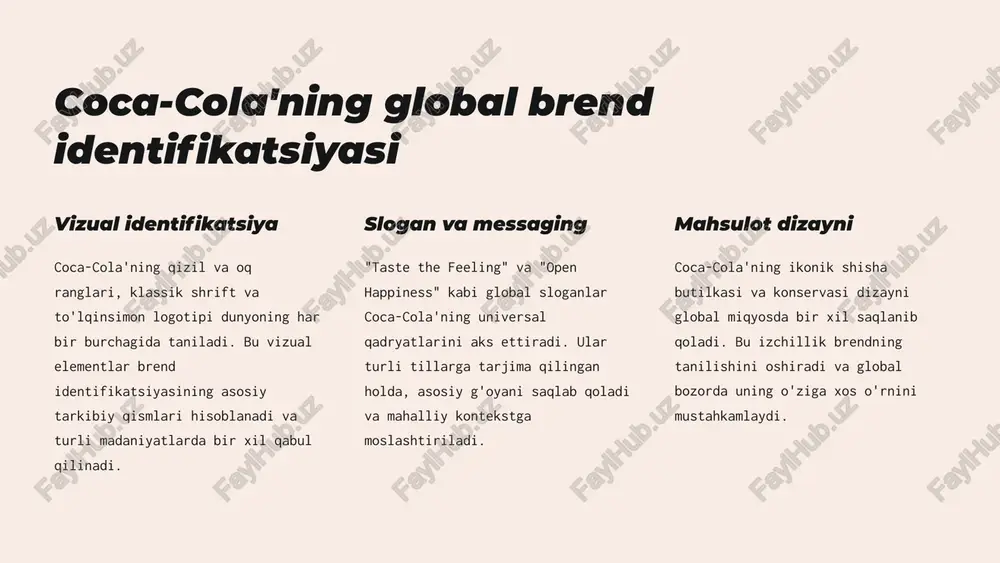 sus ta'mlar va retseptlarni ishlab chiqadi. masalan, yaponiyada "coca-cola clear" va hindistonda "thums up" kabi mahsulotlar taqdim etilgan. 3 mahalliy bayramlar va an'analar coca-cola mahalliy bayramlar va an'analarga bag'ishlangan maxsus kampaniyalar o'tkazadi. masalan, xitoyda yangi yil bayrami uchun maxsus dizayndagi butilkalar chiqariladi, ramzon oyida musulmon mamlakatlarida maxsus reklama aksiyalari o'tkaziladi. raqamli marketing strategiyalari ijtimoiy media kampaniyalari coca-cola facebook, instagram va twitter kabi platformalarda faol ishtirok etadi. ular virusli kontentni yaratish va iste'molchilar bilan to'g'ridan-to'g'ri muloqot qilish uchun interaktiv kampaniyalardan foydalanadilar. mobil ilovalar va o'yinlar kompaniya brend tajribasini kengaytirish uchun innovatsion mobil ilovalar va o'yinlar ishlab chiqadi. masalan, ar texnologiyasidan foydalangan holda interaktiv coca-cola butilkalarini yaratish imkonini beruvchi ilovalar mavjud. influencer marketing coca-cola turli mamlakatlarda mahalliy ta'sir o'tkazuvchi shaxslar bilan hamkorlik qiladi. bu strategiya brend xabarlarini autentik va ishonchli tarzda yetkazishga yordam beradi. maqsadli reklama katta ma'lumotlar va sun'iy intellektdan foydalangan holda, coca-cola o'z reklama xabarlarini aniq maqsadli auditoriyaga yo'naltiradi, bu …