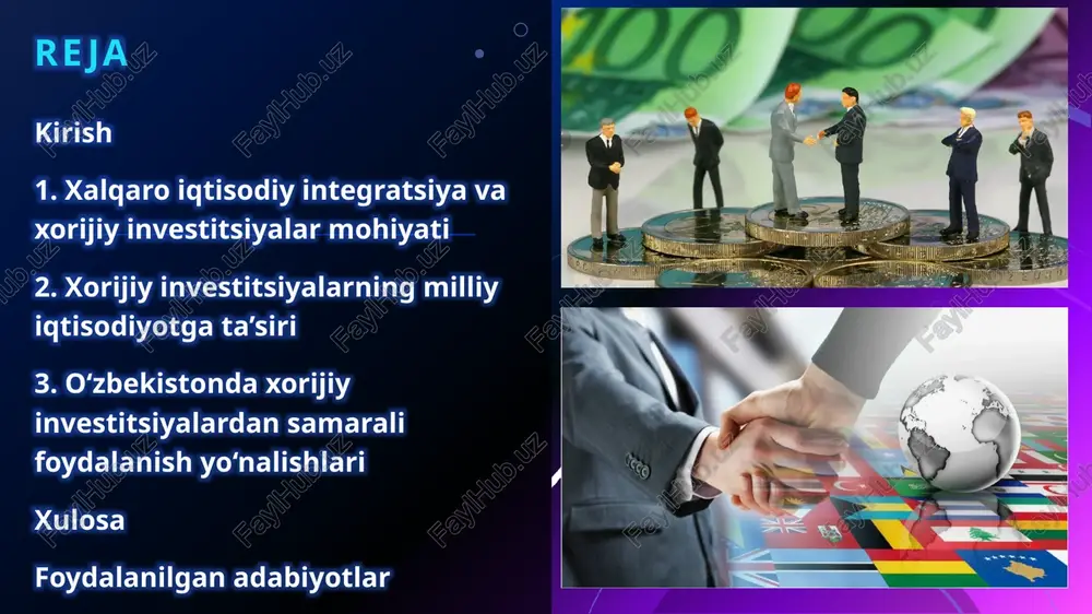 osiy ittifoq. 5 5 6 har bir bosqich o'ziga xos xususiyatlarga ega bo'lib, integratsiyaning chuqurlashish darajasini belgilaydi. birinchi bosqich – imtiyozli savdo hududi ikkinchi bosqich – erkin savdo zonasi uchinchi bosqich – bojxona ittifoqi to'rtinchi bosqich – umumiy bozor beshinchi bosqich – iqtisodiy ittifoq oltinchi bosqich – siyosiy ittifoq xorijiy investitsiyalarning milliy iqtisodiyotga ta’siri xorijiy investitsiyalar milliy iqtisodiyotning rivojlanishida muhim omil sifatida namoyon bo'ladi. ular nafaqat kapital resurslarini ta'minlash orqali infratuzilmani mustahkamlashga, balki iqtisodiy o'sishni rag'batlantirish, yangi imkoniyatlarni ochish va global integratsiyani kuchaytirishga xizmat qiladi. o'zbekiston kabi o'tish davridagi iqtisodiyotlar uchun xorijiy to'g'ridan-to'g'ri investitsiyalar (tti) strategik ahamiyatga ega bo'lib, ular orqali mamlakatning ishlab chiqarish salohiyati oshiriladi, eksport salohiyati kengaytiriladi va uzoq muddatli barqarorlik ta'minlanadi. so'nggi yillarda o'zbekistonning ochiqlik siyosati natijasida tti hajmi sezilarli darajada o'sdi, bu esa iqtisodiyotning turli tarmoqlarida ijobiy o'zgarishlarni keltirib chiqardi. 8 8 xorijiy investitsiyalar orqali texnologiyalar va innovatsiyalar kirib kelishi o'zbekiston misolida, so'nggi sakkiz yil ichida …