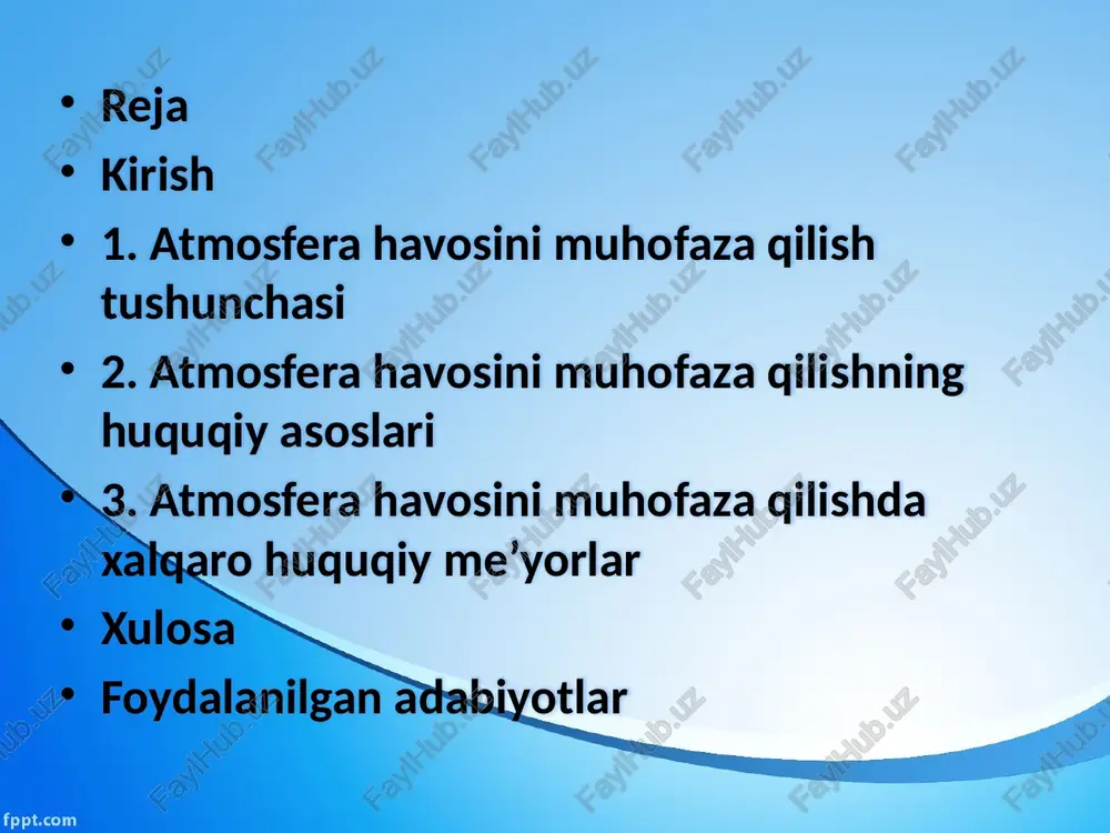 muntazam nazorat qilinadi. natijalar davlat kadastrida saqlanadi. ruxsatnoma va limitlar har bir xo‘jalik yurituvchi subyekt emissiyalar uchun me’yorda belgilangan ruxsatnoma olishi va yillik limitga amal qilishi shart. ifloslanish uchun javobgarlik me’yorlarni buzish, havoni ifloslantirish yoki ruxsatsiz chiqindi chiqarish ma’muriy, moddiy va jinoiy javobgarlikka sabab bo‘ladi. ekologik to‘lovlar havo ifloslanishi uchun maxsus ekologik to‘lovlar undiriladi; ular ekologik loyihalarni moliyalashtirishga yo‘naltiriladi. fuqarolarning huquqlari toza havo olish, ekologik axborotdan foydalanish, ifloslanish haqida shikoyat berish, jamoatchilik nazoratida ishtirok etish huquqi mavjud. xalqaro hamkorlik o‘zbekiston parij kelishuvi, kioto protokoli kabi xalqaro ekologik bitimlarning ishtirokchisi; global iqlim siyosatida faol. innovatsion yondashuvlar yashil texnologiyalar, filtratsiya tizimlari, energiya tejamkor ishlab chiqarish va chiqindisiz texnologiyalar joriy qilinmoqda. atmosfera havosini muhofaza qilish tushunchasi atmosfera havosi deganda yer sharini o'rab turgan va tirik mavjudotlarning hayoti uchun zarur bo'lgan gazlar aralashmasidan iborat qatlam tushuniladi. bu havo qatlami nafaqat kislorod bilan ta'minlaydi, balki quyoshning zararli nurlanishidan himoya qiladi va iqlimni tartibga soladi. atmosfera …
