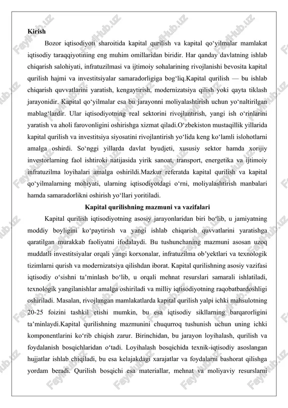 surslari samarali ishlatiladi, texnologik yangilanishlar amalga oshiriladi va milliy iqtisodiyotning raqobatbardoshligi oshiriladi. masalan, rivojlangan mamlakatlarda kapital qurilish yalpi ichki mahsulotning 20-25 foizini tashkil etishi mumkin, bu esa iqtisodiy sikllarning barqarorligini taʼminlaydi.kapital qurilishning mazmunini chuqurroq tushunish uchun uning ichki komponentlarini koʻrib chiqish zarur. birinchidan, bu jarayon loyihalash, qurilish va foydalanish bosqichlaridan oʻtadi. loyihalash bosqichida texnik-iqtisodiy asoslangan hujjatlar ishlab chiqiladi, bu esa kelajakdagi xarajatlar va foydalarni bashorat qilishga yordam beradi. qurilish bosqichi esa materiallar, mehnat va moliyaviy resurslarni birlashtirishni talab etadi, shu bilan birga ekologik va ijtimoiy standartlarga rioya qilish muhimdir. foydalanish bosqichi qurilgan obʼyektning samaradorligini baholash va uni yangilashni oʻz ichiga oladi. vazifalar nuqtai nazaridan, kapital qurilish nafaqat ishlab chiqarish quvvatini kengaytirish, balki iqtisodiyotning struktural oʻzgarishlarini taʼminlaydi. masalan, sanoat mamlakatlarida bu jarayon orqali energiya samaradorligi oshiriladi, shaharlar infratuzilmasi rivojlantiriladi va aholining yashash sharoitlari yaxshilanadi.kapital qurilishning iqtisodiy tizimdagi ahamiyati shundaki, u iqtisodiy oʻsishning asosiy dvigateli hisoblanadi. klassik iqtisodchilar, jumladan adam smit va …