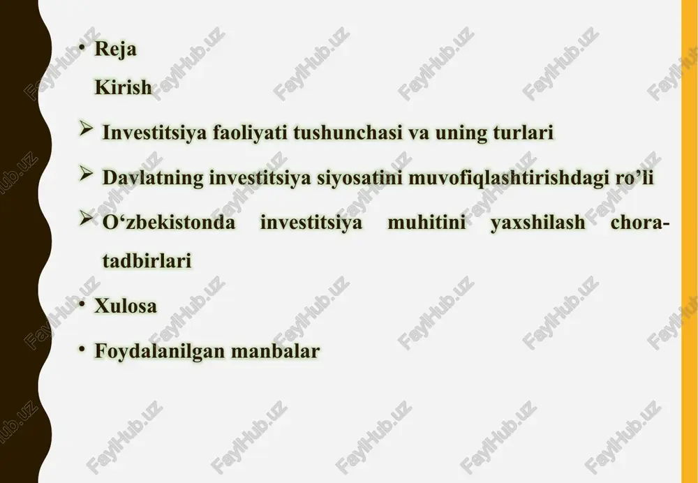 odiy ta’siriga asoslanadi. mahalliy investitsiyalar o‘zbekiston fuqarolari yoki mamlakat hududida ro‘yxatdan o‘tgan yuridik shaxslar tomonidan amalga oshiriladi, xorijiy investitsiyalar esa chet el fuqarolari, chet el korxonalari yoki xalqaro tashkilotlar tomonidan kiritiladi. bu farqlar investitsiyalarni jalb qilish va ularni boshqarishda muhim rol o‘ynaydi. birinchi navbatda, mahalliy investitsiyalar ichki resurslarga asoslanadi va mamlakat iqtisodiyotining o‘sishini ta’minlashda asosiy kuch hisoblanadi. ular odatda kichik va o‘rta biznesni rivojlantirishga yo‘naltirilgan bo‘lib, soliq va kredit tizimida mahalliy qoidalarga bo‘ysunadi. xorijiy investitsiyalar esa yangi texnologiyalar va tajribani olib keladi, bu esa mamlakat iqtisodiyotini modernizatsiya qilishga yordam beradi. farqning asosiy jihati investorlarning huquqiy holatida: mahalliy investorlar o‘zbekiston qonunlariga to‘liq bo‘ysunadi, xorijiy investorlar esa qo‘shimcha kafolatlar va imtiyozlarga ega bo‘lishi mumkin. investitsiya faoliyatini tartibga soluvchi asosiy qonun va me’yoriy hujjatlar investitsiya faoliyatini tartibga soluvchi asosiy qonun va me’yoriy hujjatlar o‘zbekiston iqtisodiyotining huquqiy asosini tashkil etadi. bosh qonun sifatida “investitsiyalar va investitsiya faoliyati to‘g‘risida”gi qonun ajralib turadi, u investitsiyalarni himoya …