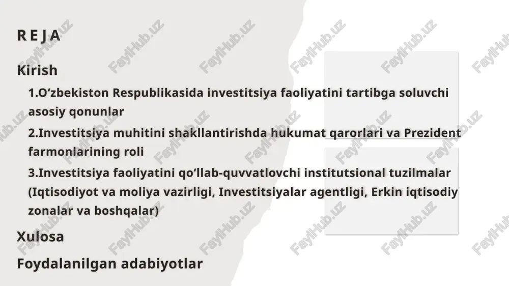 sh, investor huquqlarini belgilash milliy investitsiya siyosatining asosiy hujjati 2 “chet el investitsiyalari to‘g‘risida”gi qonun 1998 xorijiy kapital jalbi va huquqiy kafolatlar xorijiy sarmoyadorlar uchun huquqiy himoya 3 “xorijiy investorlarning huquqlarini kafolatlash to‘g‘risida”gi qonun 1998 investorlarga kafolat va imtiyozlar berish uzoq muddatli investitsiyalarni rag‘batlantiradi 4 “davlat-xususiy sheriklik to‘g‘risida”gi qonun 2019 davlat va xususiy sektor hamkorligi tartibi yirik infratuzilma loyihalarini rivojlantiradi 5 “erkin iqtisodiy zonalar to‘g‘risida”gi qonun 2020 erkin zonalarda soliq va bojxona imtiyozlarini belgilaydi hududiy investitsiya faolligini oshiradi 7 6 pf-6024-son farmon 2020 investitsiya siyosatini takomillashtirish choralari davlat siyosatini yangilash va uyg‘unlashtirish 7 pq-4563-son qaror 2019 investitsiya loyihalari samaradorligini oshirish loyihalarning iqtisodiy foydasini ta’minlaydi 8 investitsiyalar, sanoat va savdo vazirligi nizomi 2023 vazirlikning vakolat va funksiyalarini belgilaydi investitsiya siyosatini muvofiqlashtiradi 9 xalqaro bitimlar (bmt, unctad, jahon banki) turli yillar investitsiya muhitini xalqaro standartlarga moslashtiradi chet el kapitali oqimini rag‘batlantiradi 10 prezident qaror va farmonlari 2017–2025 investitsiya islohotlari, soliq yengilliklari, infratuzilma …