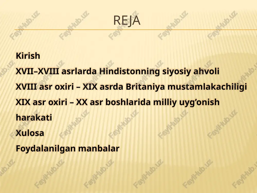 ayyor mahsulotlar bozori, shuningdek, harbiy baza (afgan urushlari, birma urushlari, jahon urushlari). temir yo’llar (1853 yildan 25 495 km gacha) va kanallar (gang kanali) resurslarni eksportni osonlashtirdi, hindistonni persiya ko’rfazi va janubi-sharqiy osiyo nazorati uchun strategik nuqtaga aylantirdi. birinchi jahon urushida 1,4 million hind askari, ikkinchisida 2 milliondan ortiq ishtirok etdi. xvii–xviii asrlarda hindistonning siyosiy ahvoli xvii asrning o’rtalaridan boshlab xx asrning boshlarigacha bo’lgan davr hindiston tarixida murakkab o’zgarishlar va qarama-qarshiliklar bilan ajralib turadi. ushbu bobda xvii–xviii asrlardagi siyosiy vaziyatni ko’rib chiqamiz, bu esa mamlakatning markaziy hokimiyatning zaiflashuvi, mahalliy kuchlarning kuchayishi va ichki mojarolar orqali shakllangan bosqichini aks ettiradi. boburiylar imperiyasining parchalanishi fonida yangi siyosiy tuzumlar paydo bo’ldi, bu jarayon esa katta hududiy va ijtimoiy-iqtisodiy oqibatlarga olib keldi. boburiylar sulolasining tanazzulga yuz tutishi boburiylar sulolasi xvii asrning ikkinchi yarmida, xususan, avrangzeb hukmronligi (1658–1707) davrida o’zining eng yuqori cho’qqisiga chiqdi, ammo bu davrning oxiriga kelib imperiya ichki va tashqi bosimlar ta’sirida …