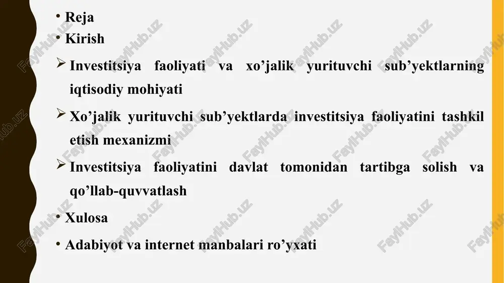 yangi texnologiyalar joriy etiladi, ishlab chiqarish quvvatlari kengaytiriladi va yangi ish o’rinlari yaratiladi. investitsiya faoliyati iqtisodiy jarayonlarning markaziy qismidir. u hozirgi vaqt resurslarini kelajakdagi daromadlarga yo’naltirishni o’z ichiga oladi. boshqacha qilib aytganda, bu faoliyat mablag’larni turli aktivlarga joylashtirish orqali foyda olish yoki kapitalni saqlashga qaratilgan harakatlar majmuini tashkil etadi. investitsiyalar iqtisodiy o’sishni rag’batlantiradi, chunki ular orqali korxonalar o’z faoliyatini kengaytiradi, innovatsiyalarni joriy etadi va bozor raqobatini kuchaytiradi. xo’jalik yurituvchi sub’yekt tushunchasi va ularning asosiy vazifalari xo’jalik yurituvchi sub’yekt tushunchasi iqtisodiyotning asosiy tushunchalaridan biri bo’lib, u tovarlar ishlab chiqarish, savdo va xizmatlar ko’rsatish bilan shug’ullanuvchi yuridik yoki jismoniy shaxslarni bildiradi. o’zbekiston qonunchiligiga ko’ra, xo’jalik yurituvchi sub’yektlar korxonalar, firmalar, tadbirkorlar va boshqa tashkilotlar bo’lishi mumkin. ular iqtisodiy faoliyatni amalga oshirish huquqiga ega bo’lib, davlat ro’yxatidan o’tgan holda ish yuritadilar. bu sub’yektlar iqtisodiyotning harakatlantiruvchi kuchidir, chunki ular orqali resurslar taqsimlanadi va bozor munosabatlari shakllanadi.xo’jalik yurituvchi sub’yektlarning asosiy vazifalari quyidagilardan iborat. birinchidan, ishlab chiqarish …