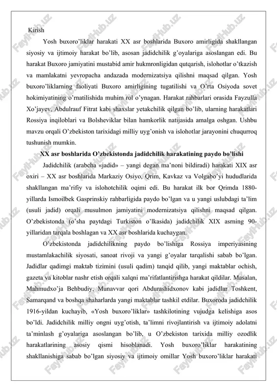 alan, mahmudxo’ja behbudiy, munavvar qori abdurashidxonov kabi jadidlar toshkent, samarqand va boshqa shaharlarda yangi maktablar tashkil etdilar. buxoroda jadidchilik 1916-yildan kuchayib, «yosh buxoro’liklar» tashkilotining vujudga kelishiga asos bo’ldi. jadidchilik milliy ongni uyg’otish, ta’limni rivojlantirish va ijtimoiy adolatni ta’minlash g’oyalariga asoslangan bo’lib, u o’zbekiston tarixida milliy ozodlik harakatlarining asosiy qismi hisoblanadi. yosh buxoro’liklar harakatining shakllanishiga sabab bo’lgan siyosiy va ijtimoiy omillar yosh buxoro’liklar harakati 1910-yillarda buxoro amirligida shakllangan bo’lib, dastlab «tarbiyai atfol» (bolalar tarbiyasi) maxfiy jamiyati shaklida tuzilgan. bu harakatning shakllanishiga quyidagi siyosiy va ijtimoiy omillar sabab bo’lgan: siyosiy omillar: - rossiya imperiyasining mustamlakachilik siyosati: buxoro amirligi rossiya protektorati ostida bo’lib, amir olimxonning mustabid hukmronligi xalq noroziligini kuchaytirdi. 1917-yil rossiyadagi inqiloblar (fevral va oktyabr) yosh buxoro’liklarga ilhom berdi va ular amirga qarshi islohotlar talab qildilar. - yosh turklar ta’siri: turkiyaning «ittihodi va taraqqiy» partiyasi yosh buxoro’liklarning tashkil etilishida muhim rol o’ynagan, chunki ular konstitutsiyaviy monarxiya yoki respublika o’rnatishni maqsad qilganlar. - …