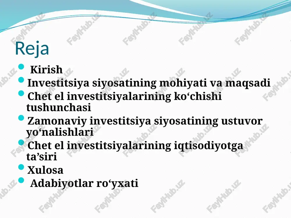 ri energiya xarajatlari yuqoriligi sababli ishlab chiqarishni boshqa davlatlarga ko‘chirmoqda. 5. o‘zbekiston uchun investitsiyalar ko‘chishidan foydalanish imkoniyatlari bozorning o‘sishi, strategik joylashuv va soliq imtiyozlari xorijiy investorlarni jalb etish uchun muhim omillar. “toshkent texnoparki”, “angren” va “navoi” erkin iqtisodiy zonalarining jozibadorligi. 6. chet el investitsiyalarini jalb etish mexanizmlari davlat-xususiy sheriklik, “yagona darcha” tizimi, xalqaro forumlar, investitsiya kafolatlari. invest uz portali, o‘zbekiston–xitoy investitsiya forumi, investitsiya qo‘mitalari faoliyati. 7. investitsiya siyosatida raqamlashtirish roli raqamli platformalar orqali investitsiya loyihalarini ro‘yxatdan o‘tkazish, kuzatish va tahlil qilish. invest.gov.uz va invest.miit.uz saytlarida loyihalarni onlayn tanlash imkoniyati. 8. investitsiya xavfsizligi sarmoyadorlar huquqlarini himoya qilish, kiberxavfsizlik va iqtisodiy barqarorlikni ta’minlash. chet el kapitali uchun “stabilizatsiya bandlari”ni qonunlarda mustahkamlash. 9. chet el sarmoyalarini milliy iqtisodiyot bilan integratsiyalash mahalliy ishlab chiqaruvchilar bilan kooperatsiya, texnologiya transferi va mahalliy tarkib ulushini oshirish. avtomobilsozlik, energetika va to‘qimachilik sanoatida qo‘shma korxonalar tashkil etilishi. 10. strategik natijalar sanoat diversifikatsiyasi, eksport salohiyatining o‘sishi, yangi ish o‘rinlari va …