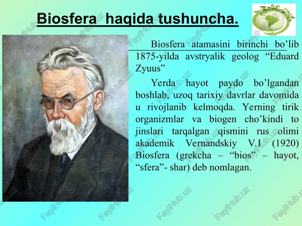 ’p lekin 100 litr subning 97 litr sho’r suv, 3 litr esa chuchuk buning ham 2 litri arktika va antraktida muzliklarida zaxira holda etibdi. shunday foydalanib borilsa, 2100 yilda chuchuk suv zaxiralari inson tomonidan ishlatilib bo’linadi. 2230 yilda sayyoraning suv zahirasi tugaydi. er sharidagi umumiy maydonning atigi 11% idan qishloq xo’jaligida foydalanialdi. keyingi 100 yil ichida erroziya tufayli 2 mlrd.ga unumdor er yo’qotiladi. ba’zi olimlarning hisob kitoblariga ko’ra 2500 yilga erda barcha metall zaxiralari tugaydi. sanoatning jadal rovojlanishi er yuzasi iqlimiga katta ta’sir ko’rsatmoqda. yirik shaharlarda qishgi harorat atrofdagi qishloqlardan 3-40 yuqori. noosfera – biosferaning yangi sifat holati. biosfera to'xtovsiz rivojlanib, shakllanib kelayotgan ekan unda insonning roli juda katta. biosferada inson faoliyati tufayli turli ijobiy va salbiy o'zgarishlar kuzatilmoqda. inson o'z mehnatini engillashtirish maqsadida yaratgan texnika vositalari, biosfera tarkibida texnosferani hosil bo'lishiga sabab bo'ldi. bu esa o'z navbatida atrof muhit holatini salbiy tomonga o'zgartirdi. ekologik ongning shakllanishi natijasida ekologik madaniyat …